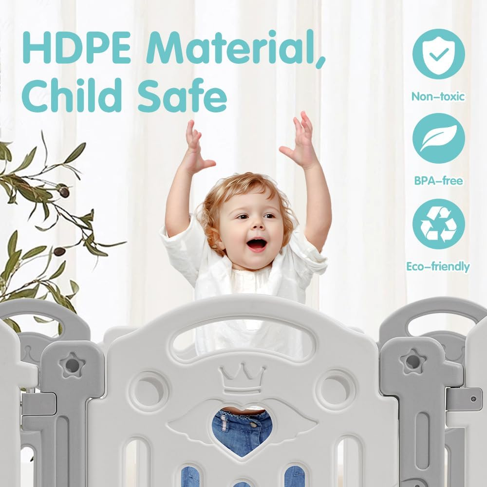Playpals Baby Playpen, 22 Panels Baby Play Pen with Lock Door, Adjustable Shape, Kids Activity Centre Safety Play Yard, Portable Baby Fence Play Area for Indoor Outdoor (Gray + White) image number 2