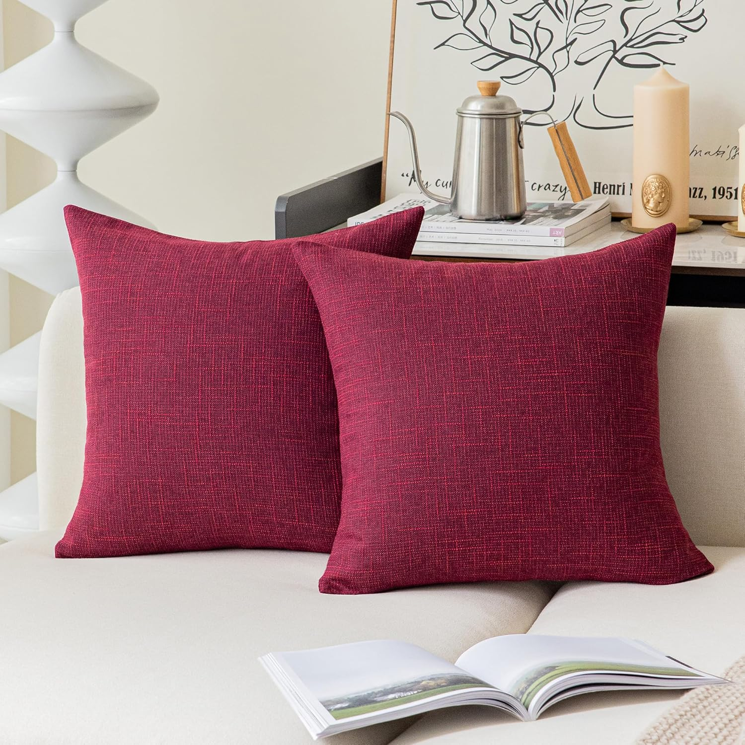 Kevin Textile Set of 2 Soft Linen Pillow Covers Decorative Throw Pillow Covers Square Cushion Case for Sofa Couch Home Decor 20X20 Inches Burnt Brick