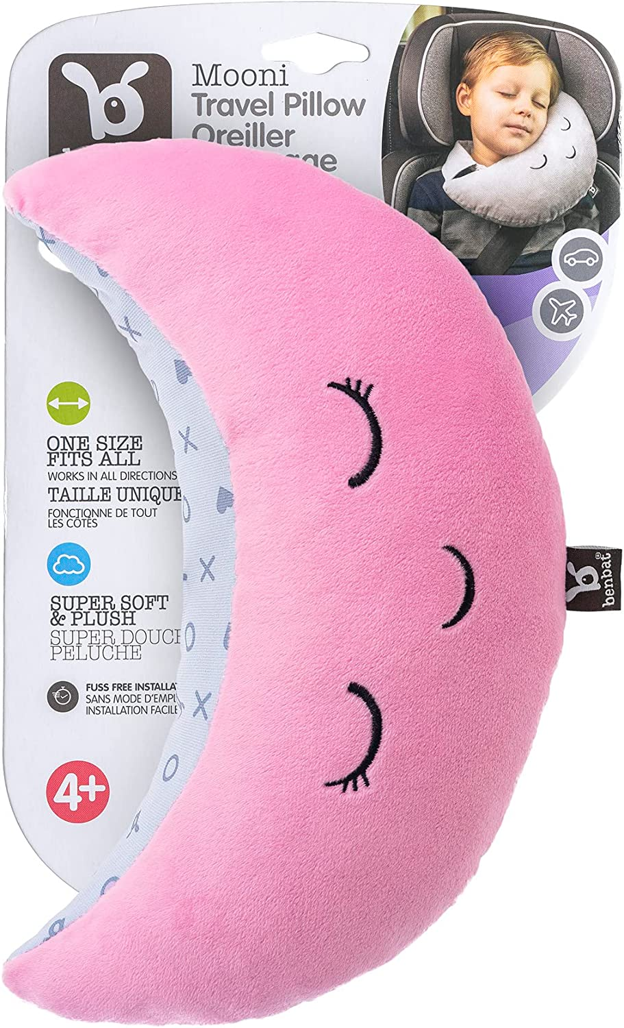Benbat Mooni Seat Belt Head Support Travel Pillow for 4 Years and Above, Pink