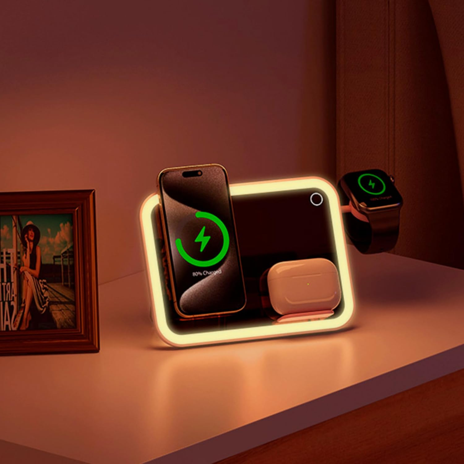 Laser Mirror Wireless Charger 3 in 1 Qi2 Certified &ndash; Makeup Mirror with LED Light, Fast Wireless Charging Stand for Phone, Earbuds, Apple Watch &ndash; Foldable, Magnetic, USB-C Powered (Pink) image number 1