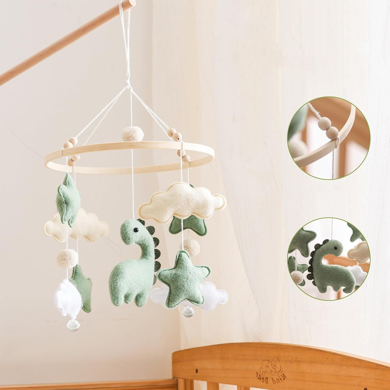 Baby Wind Chimes, Mobile Baby Wind Chimes, Dinosaur with Clouds, Wooden Hanging Baby Wind Chime, Nursery Decoration, Gift for Baby Girls or Boys image number 5