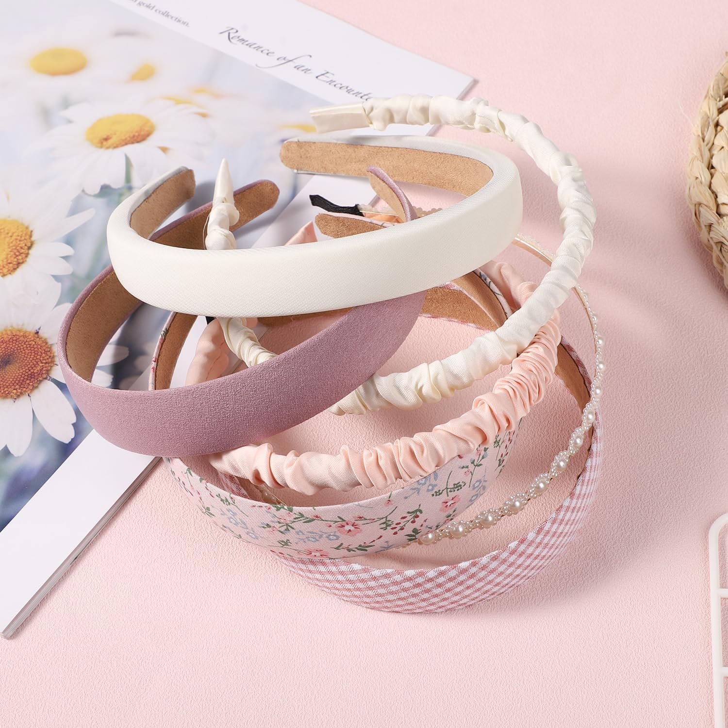 NQEUEPN 7Pcs Cute Headbands Set for Women Girls, Anti-Slip Flower & Padded Headband Stylish Pearl Head Band Vintage Pink White Twisted Plaid Headband Hair Accessories image number 4