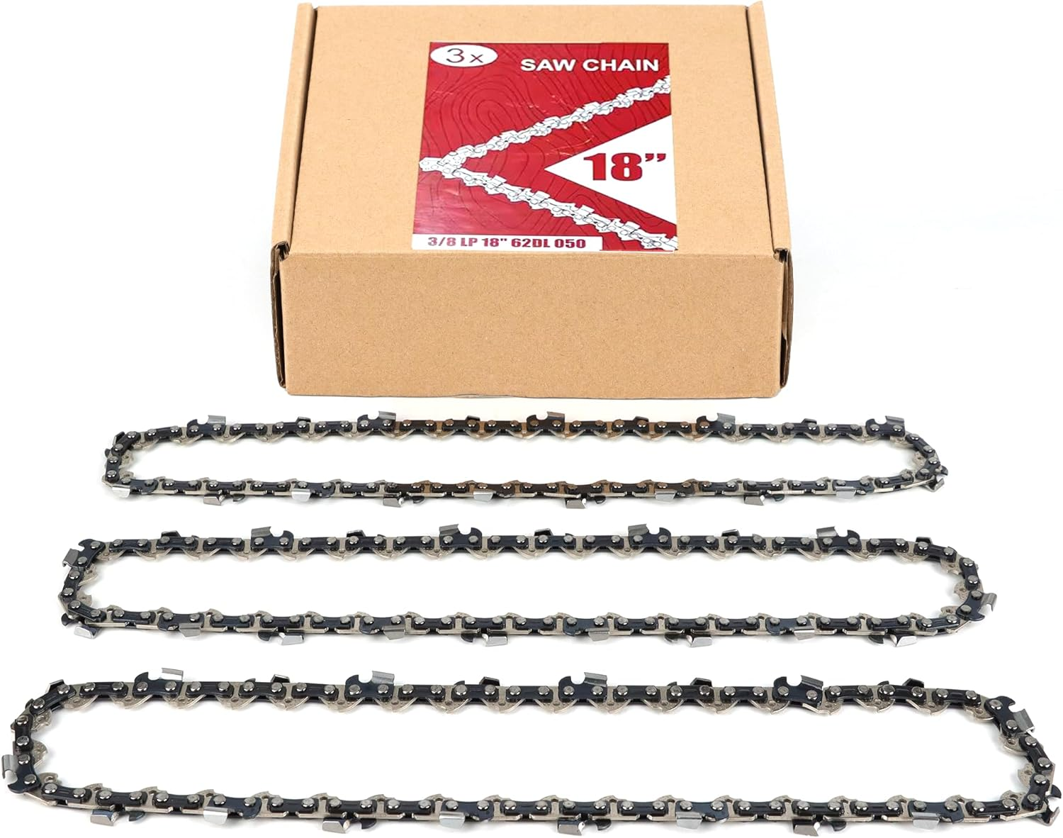 3-Pack 18 Inch Chainsaw Chain 62 Drive Links, 3/8" Pitch, 0.050" Gauge, Fit for Craftsman, Remington, Greenworks, Earthwise, Echo, Husqvarna Chainsaws and More - S62 image number 6