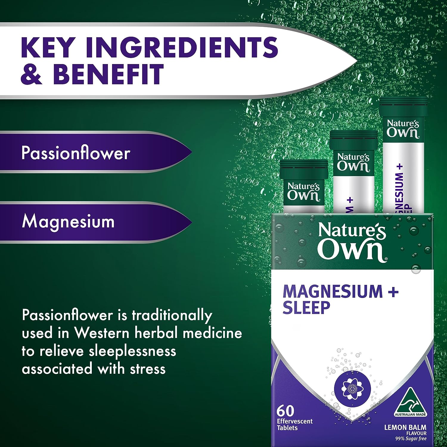 Nature'S Own Magnesium plus Sleep Tablets 60 - with Passionflower - Traditionally Used to Relieve Sleeplessness Due to Stress and Restlessness - Effervescent, Lemon Balm Flavour image number 4