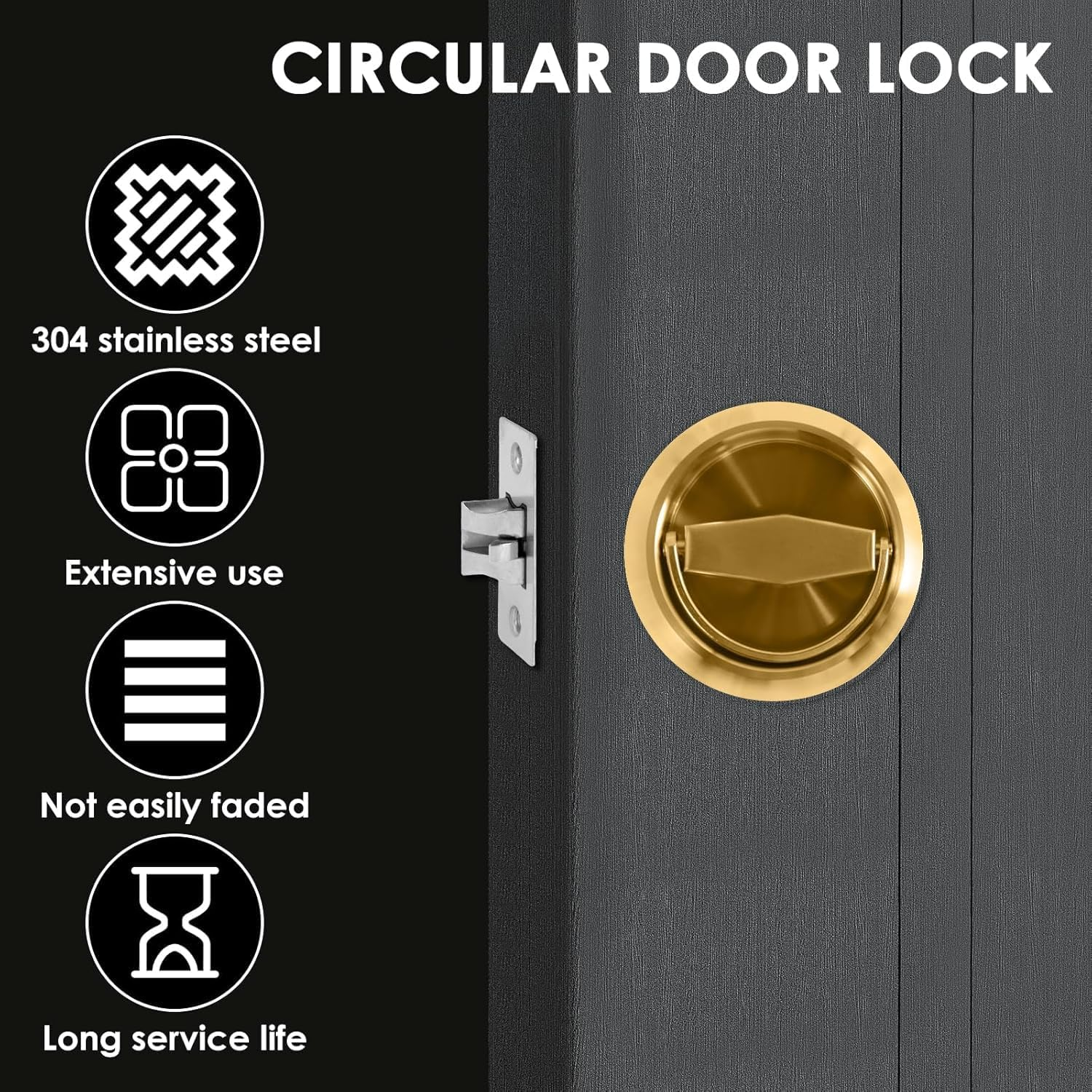 Stainless Steel 304 Black round Recessed Door Lock, Hidden Recessed Install Cup Door Knob Lock, Recessed Door Handles Pulls Latch Knob, Pocket Door Handle without Keys (Gold) image number 5