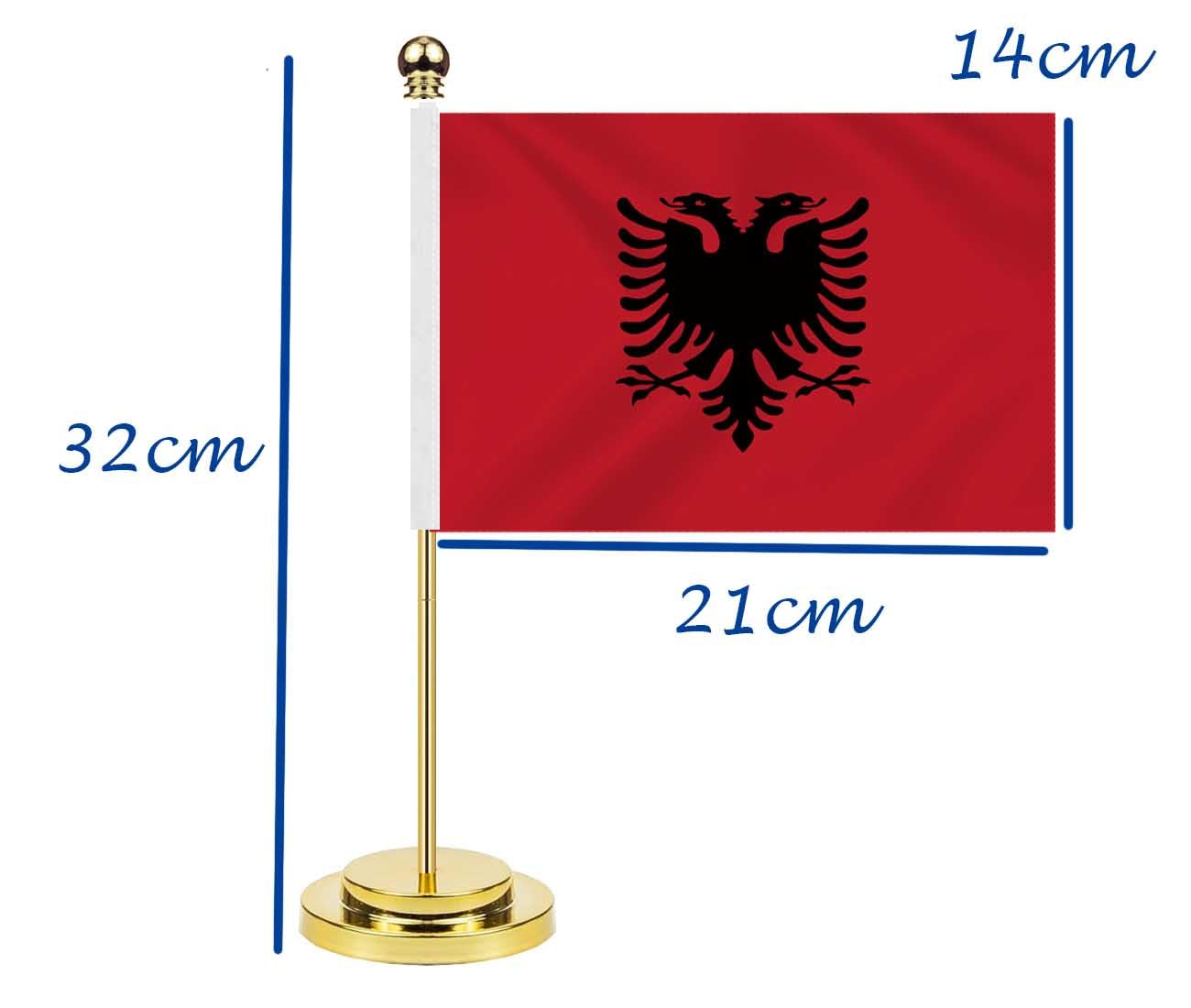 Albania Desk Flag,12 Inch Tall Small Albanians Indoor Banner,Tiny Printing Decor for Office Home Table Meeting with Golden Metal Pole Base