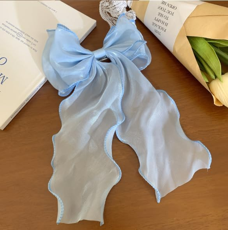 4Pcs Large Hair Bow Clips Set, White Pink Blue Purple Silk Yarn Ribbon Hair Barrettes for Women, Elegant Long Tail Bowknot French Hairstyle Accessories for Wedding, Parties, Festivals image number 2