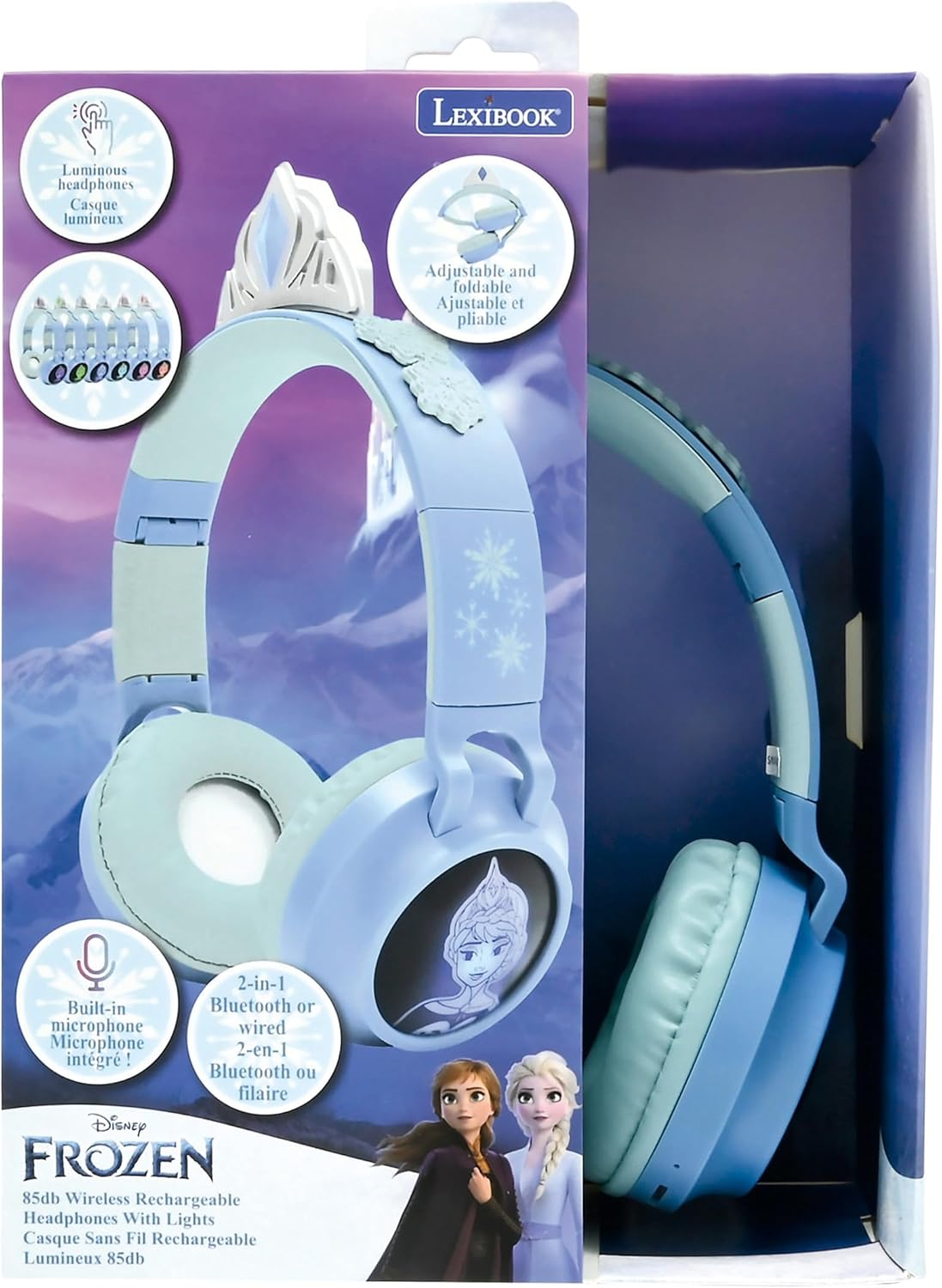 Lexibook, Frozen 2-1 Wireless Wired Headphones with Princess Tiara, High Sound Quality up to 85Db, Light Effects, Foldable, Adjustable, Rechargeable, HPBT015FZLXB image number 3