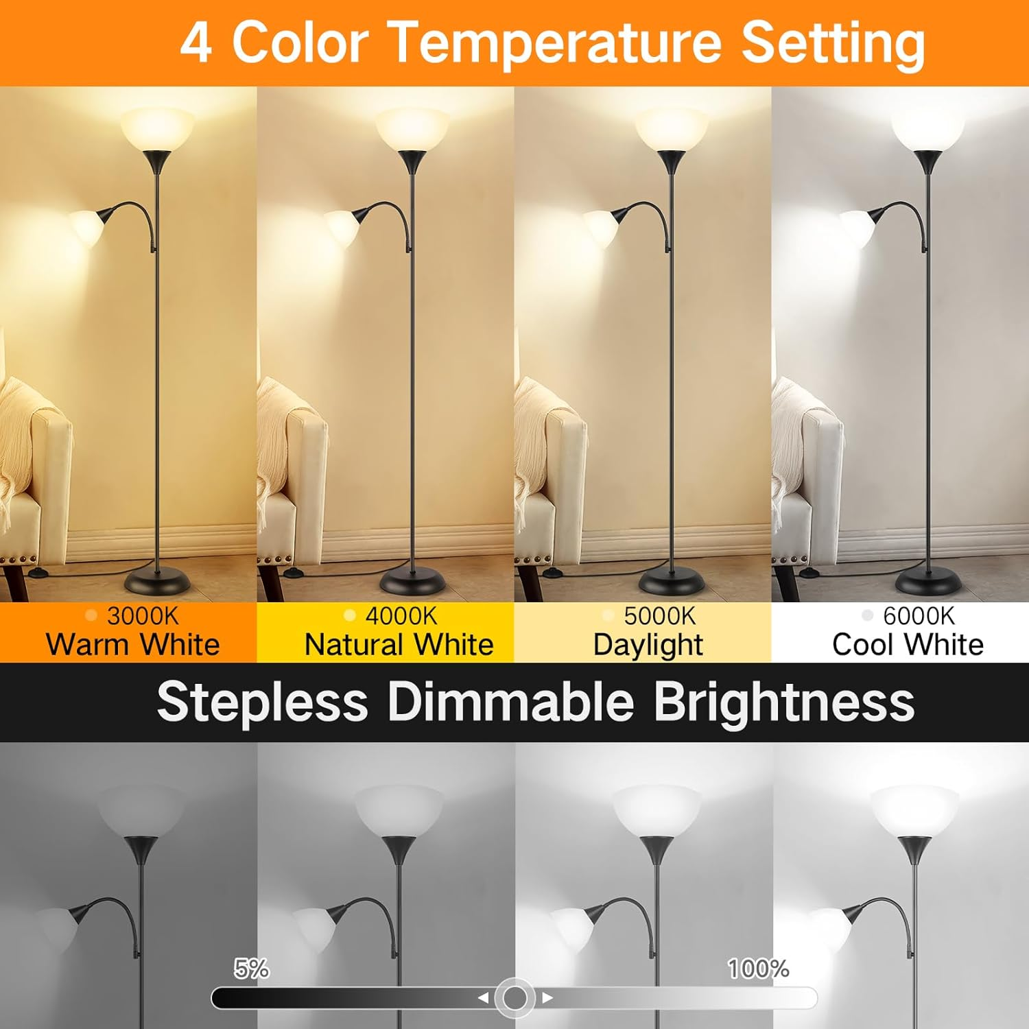 OUTON LED Floor Lamp with Remote Control, 4 Color Temperatures, Adjustable Brightness, Timer, Modern Floor Lamp Torch with Reading Light for Living Room, Bedroom, Office image number 6