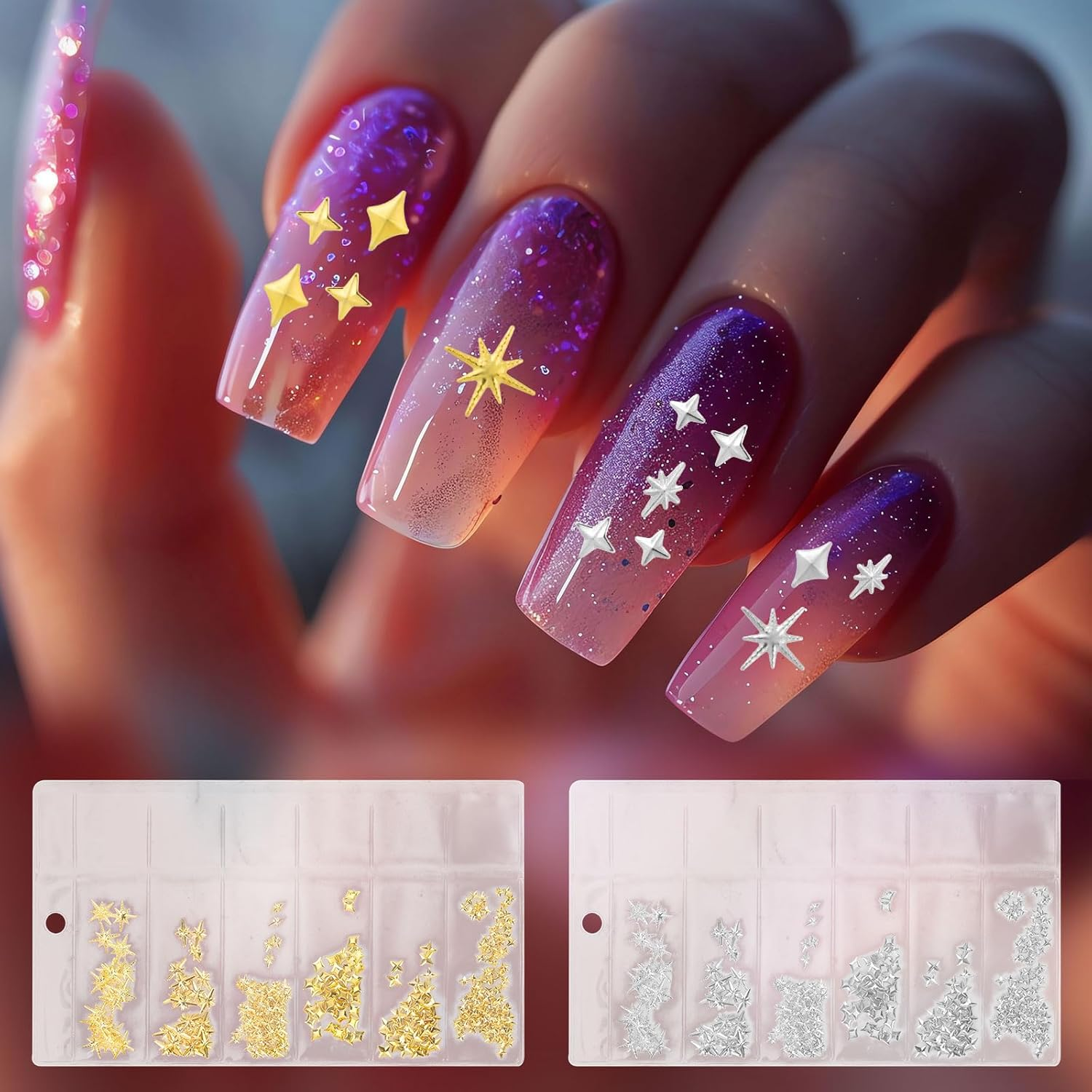 BOXOB 800Pcs Star Nail Charms, Gold & Silver 3D Star Nail Jewelry Decorations Reusable Metallic Studs Nails Rhinestones Gems Manicure Supplies for Women Girls DIY Craft Accessories image number 2