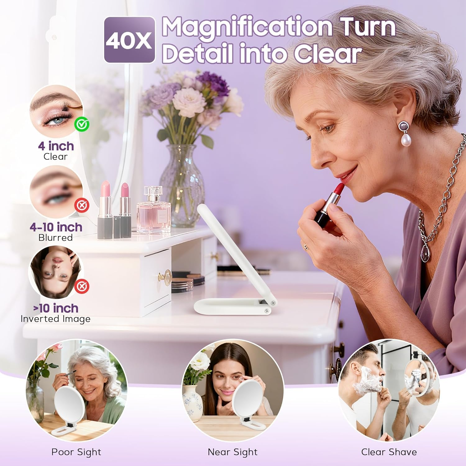 Valentine'S Day Gift 40X Magnifying Mirror &ndash; Double-Sided Hand Mirror with 40X/1X Magnification, Foldable & Portable Makeup Mirror for Travel, Eyebrow Plucking, Eyelash Application (White) - Black image number 7