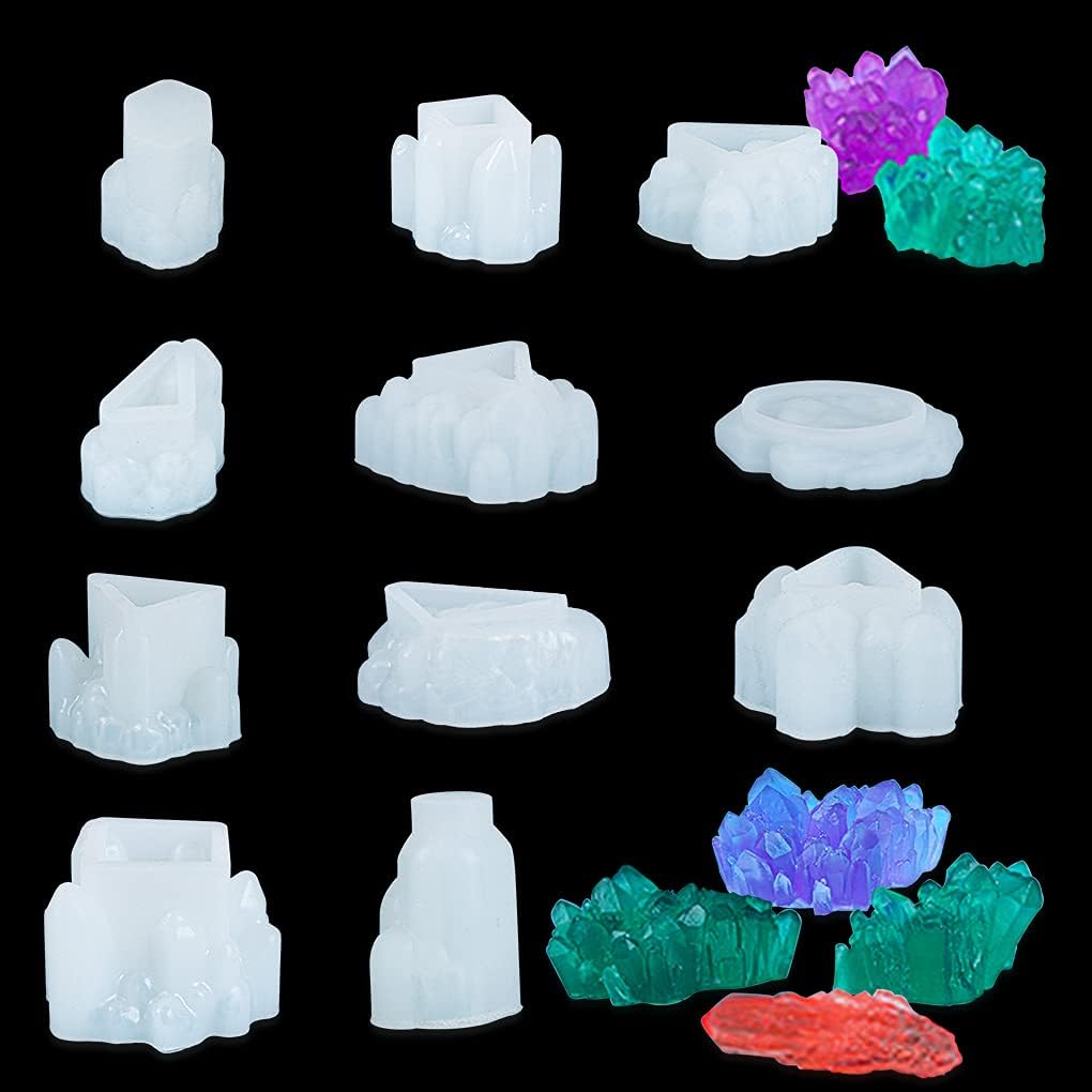 Fineinno 11 PCS Crystal Cluster Molds Set Quartz Rock Silicone Resin Mould Crystal Column Icicle Iceberg Epoxy Resin Molds with Different Shapes for Making Epoxy Druzy Stone, Rocks, Gems