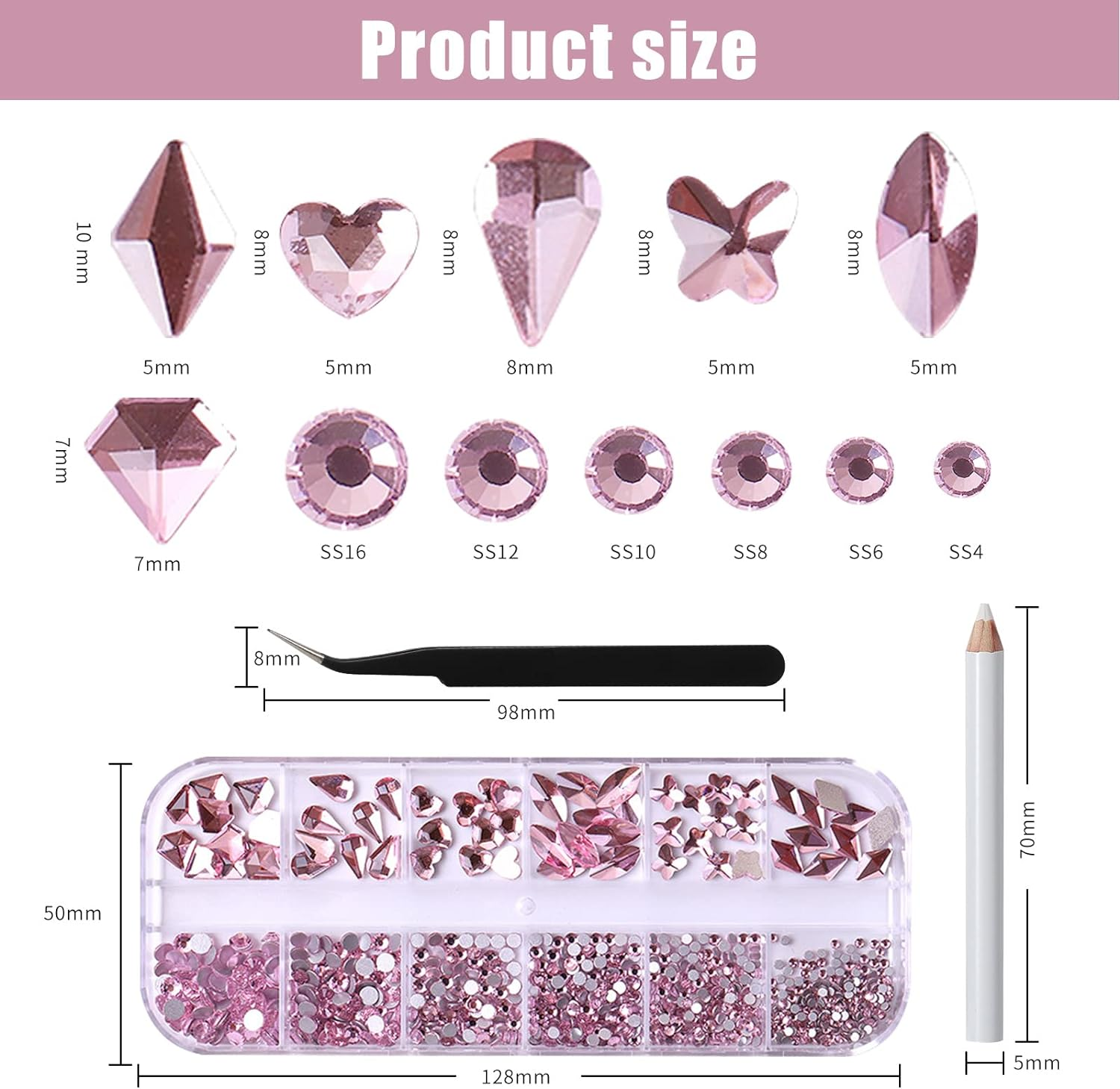 Nail Rhinestones Nail Art Gems Crafts Crystals Glass Decorations Set Ab Rhinestones Flatback Design Face Clothes Shoes Decor Diy Acrylic Nail Art Decoration(Pink) image number 4
