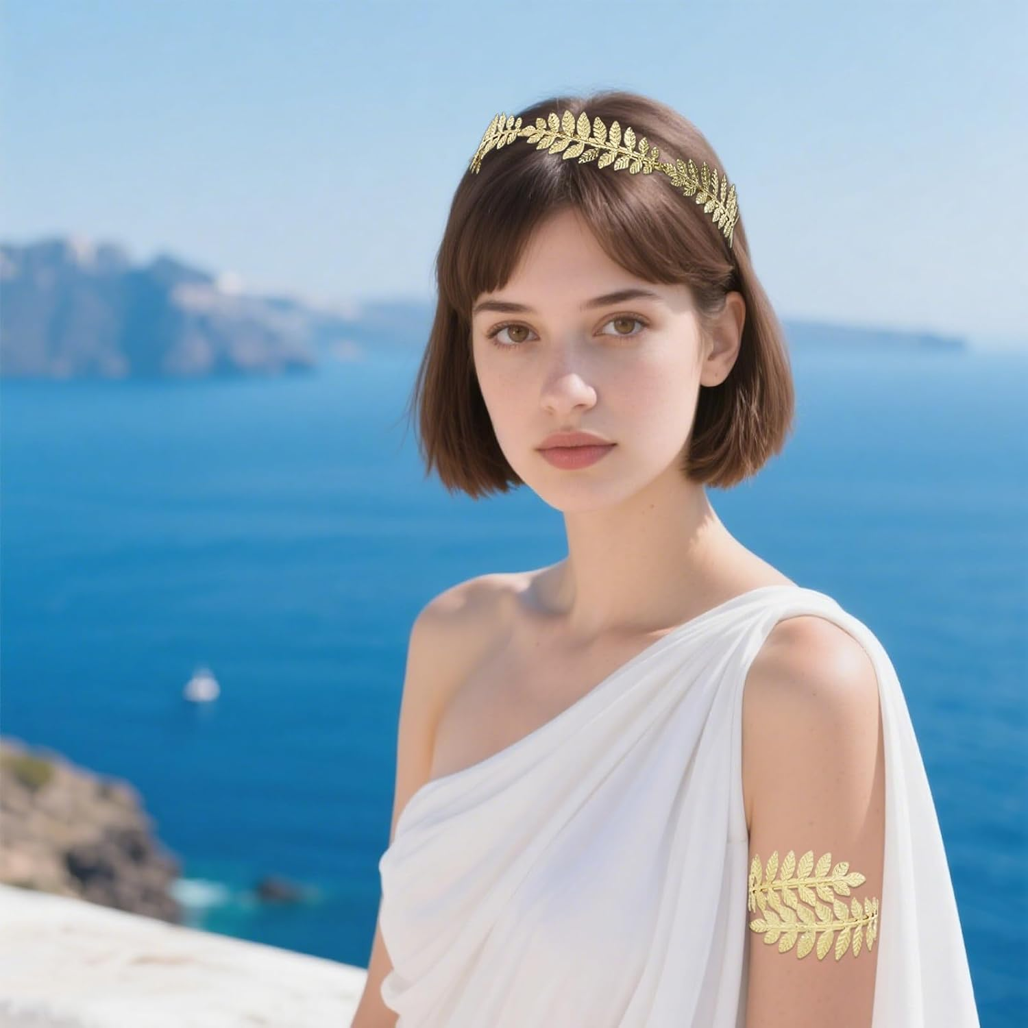 2Pcs Greek Goddess Headband Arm Cuff Bridal Jewelry Set Roman Leaf Branch Crown Upper Arm Band Bracelet for Women image number 2