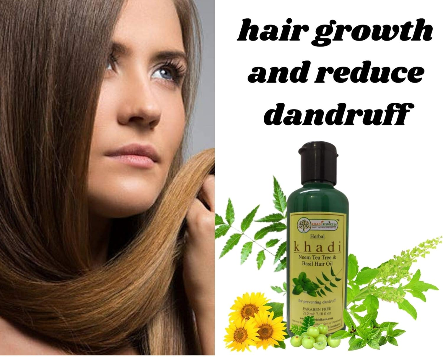 KHADI RISHIKESH Herbal Hair Growth Oil Neem Tea Tree & Basil for - Reduce Dandruff - Reduce Hair Fall-Long Strong Hair-All Hair Types- Men & Women ,-210ML with Hair Comb FREE image number 2