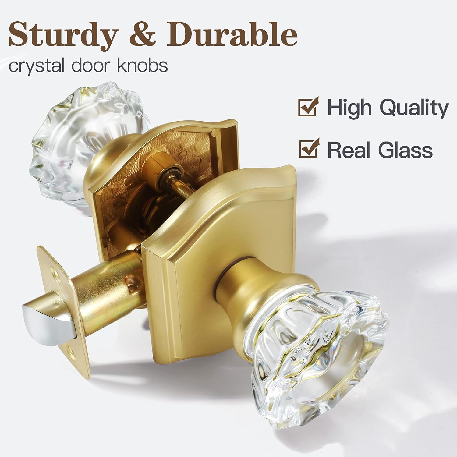 CLCTK Premium Glass Door Knobs, Bathroom Bedroom Door Knobs with Lock, Privacy Gold Door Knob Interior, Satin Brass image number 7