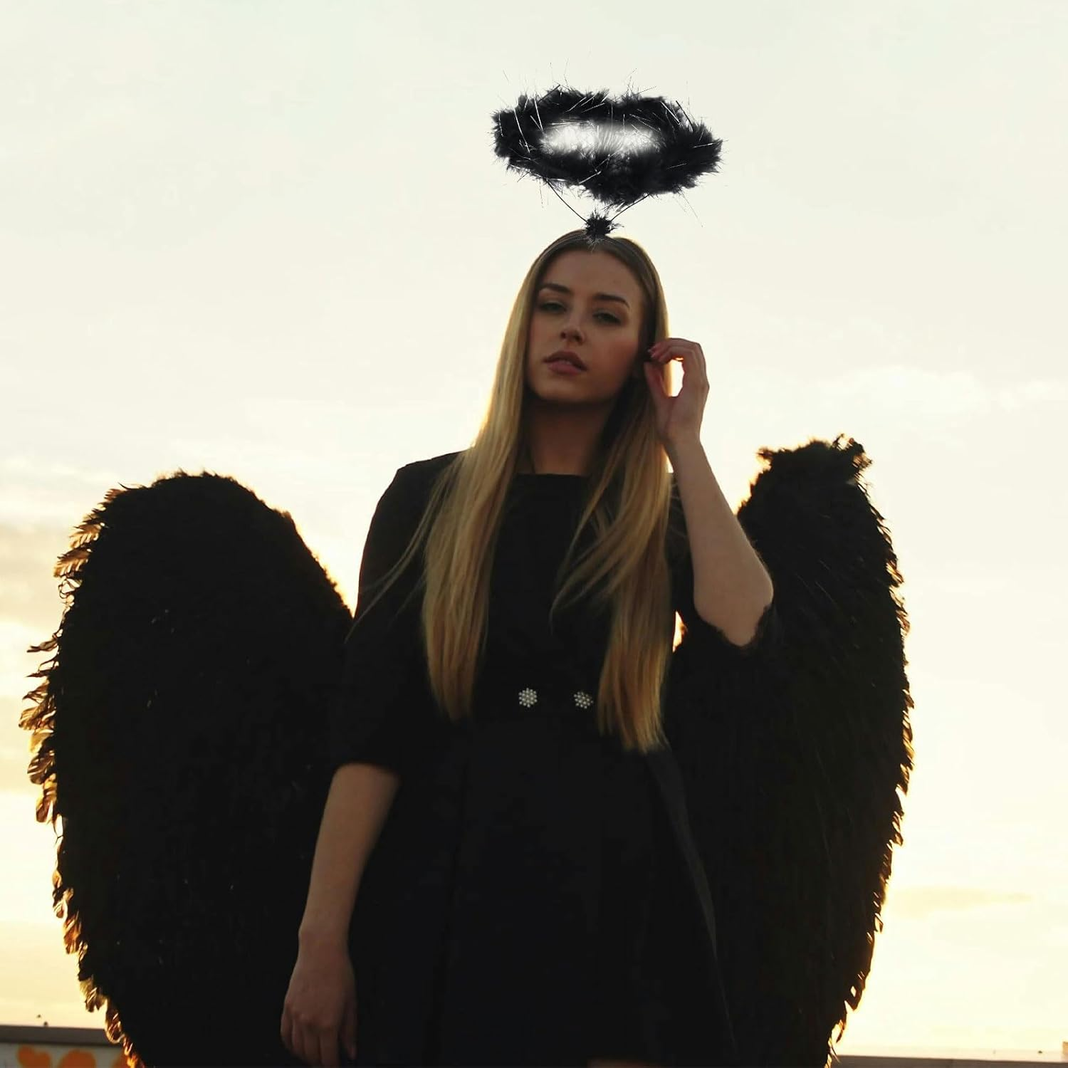 Headband Halo Black - Angel Costume Accessories for Children Women Men Headband Angel Hair Accessories for Halloween, Fancy Dress & Carnival Party Headband for Black Angel with Feather Wreath image number 6