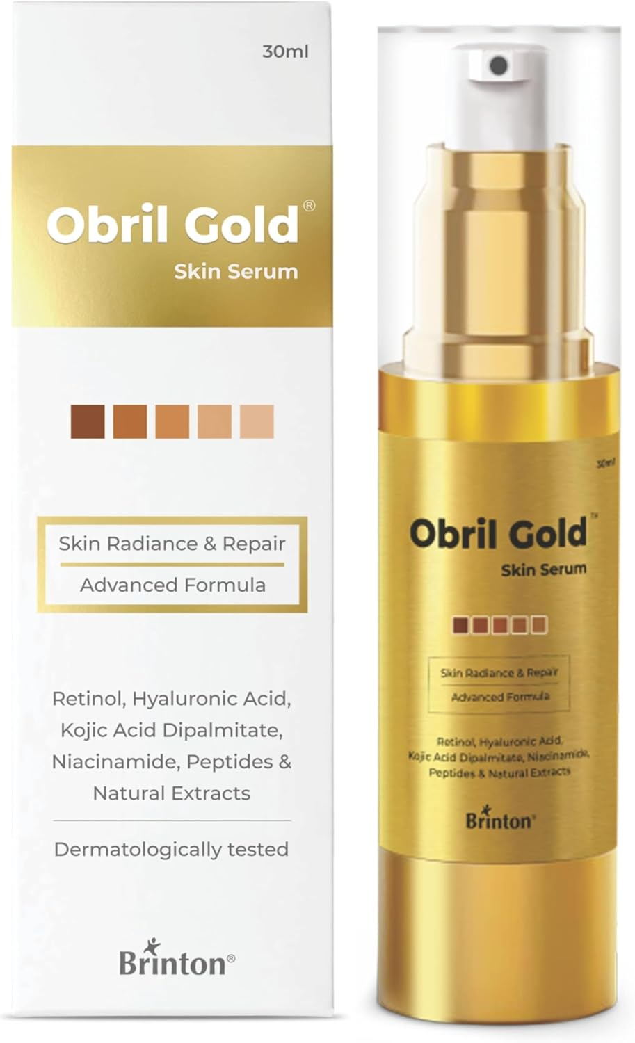 Brinton Obril Gold Skin Serum with Hyaluronic Acid, Retinol and Kojic Acid | Dermatologically Tested | All Skin Types | for Men and Women - 30Ml