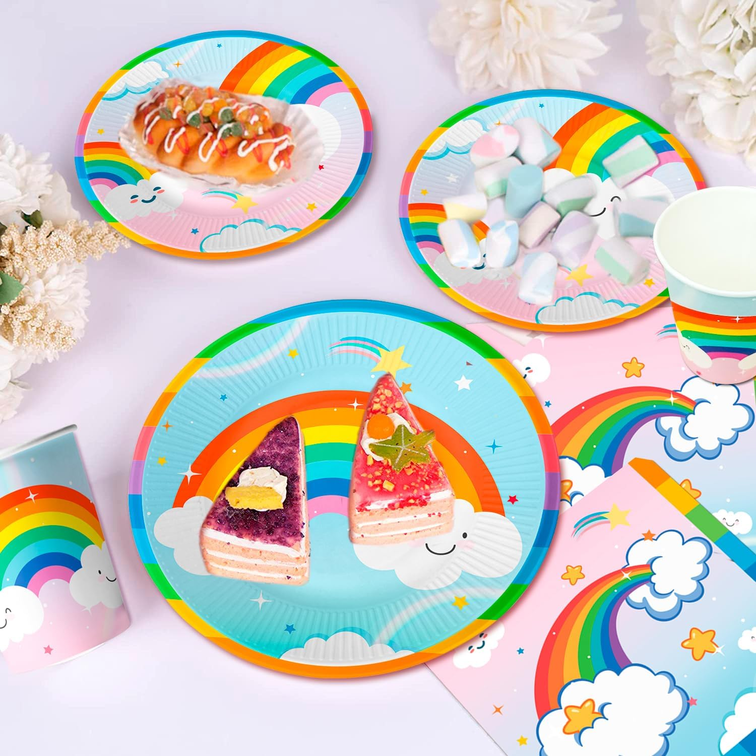 Rainbow Party Supplies, 81Pcs Rainbow Birthday Decorations Tableware Set Party Plates Cups Napkins Tablecloth Etc Birthday Party Supplies for Girls Themed Party&Baby Shower