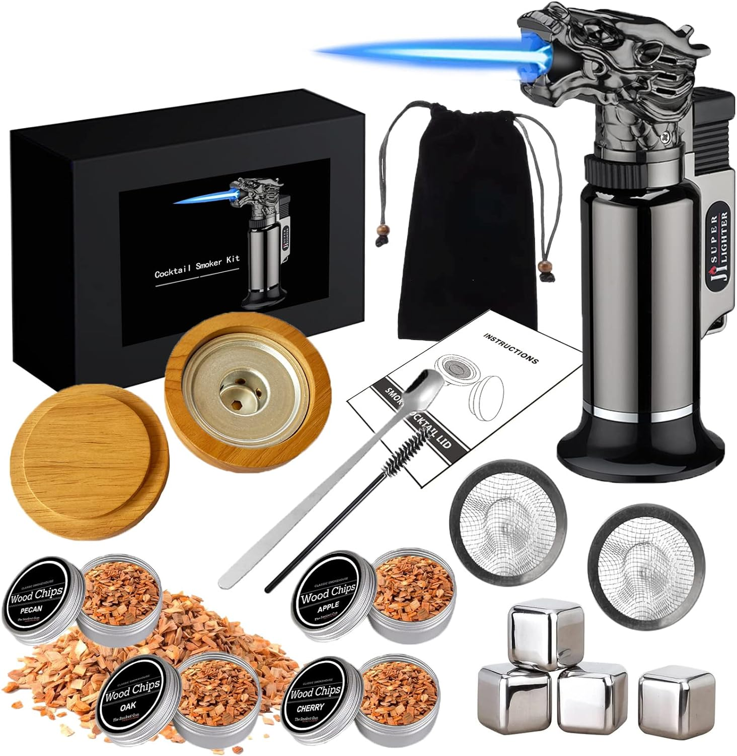 Roseflower Cocktail Smoker Kit with Torch, Old Fashioned Bourbon Drink Smoker Infuser Kit Meat Cheese Salad with 4 Flavors Wood Chips, Ideal Gifts for Whiskey Lovers, Dad, Husband, Men, Ice Cube*6