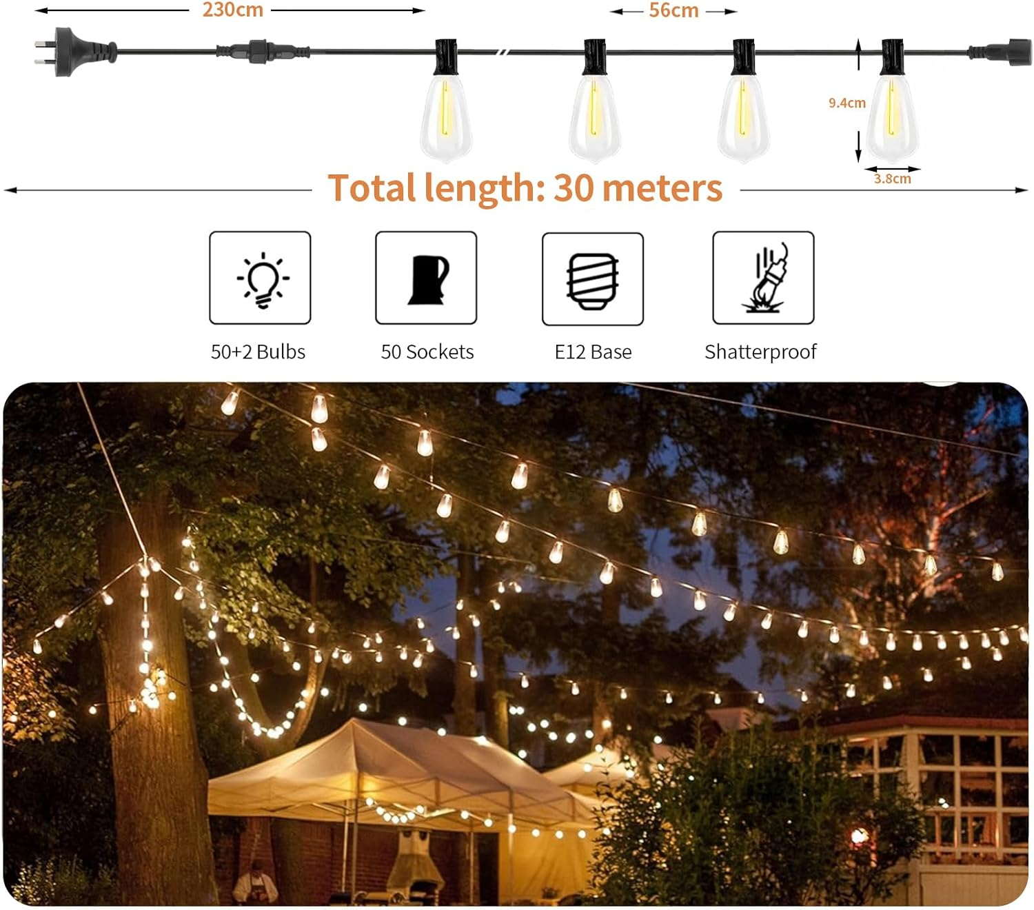 Roccar Festoon Lights Outdoor, 30M String Lights with 50+2 LED Bulbs, Waterproof and Shatterproof Plug-In Outdoor Lights, outside Fairylights for Backyard,Porch,Patio image number 1