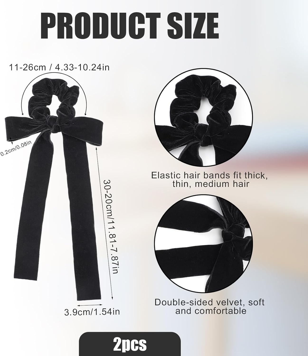 2Pcs Velvet Hair Scrunchies Bows, Black Velvet Hair Bows for Women, Elegant with Elastic Bands Ponytail Holder Ties Ribbon Women Girls image number 5