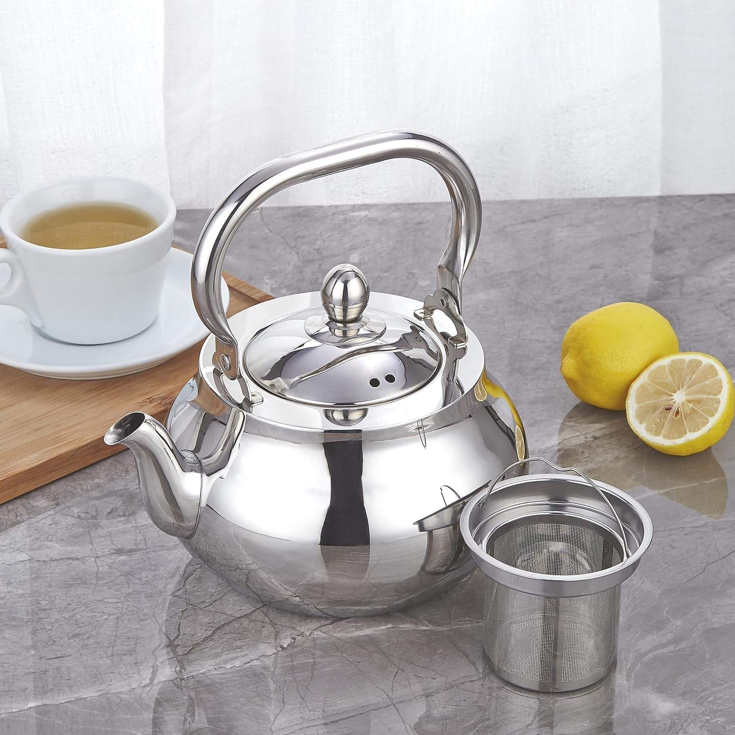 SANQIAHOME Stainless Steel Teapot with Removeable Infuser 2000Ml Thickened Mirror Polished Stovetop Tea Maker for Herbal and Infusion image number 4