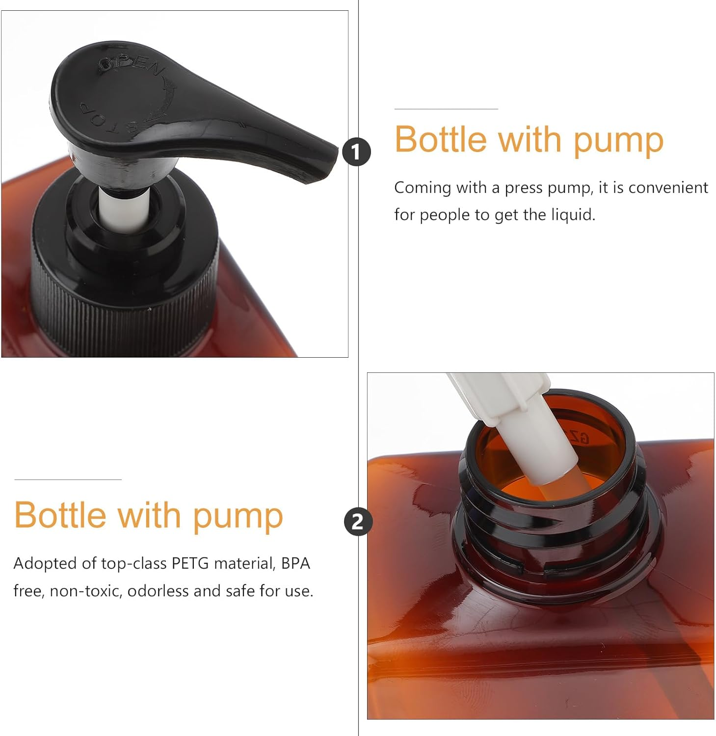 Minkissy 280Ml Pump Bottle Dispenser 2Pack Refillable Square Plastic Lotion Dispenser Empty Lotion Pump Bottle for Essential Oil Soap Lotion Shampoo, Bathroom/Kitchen/Travel Amber image number 4
