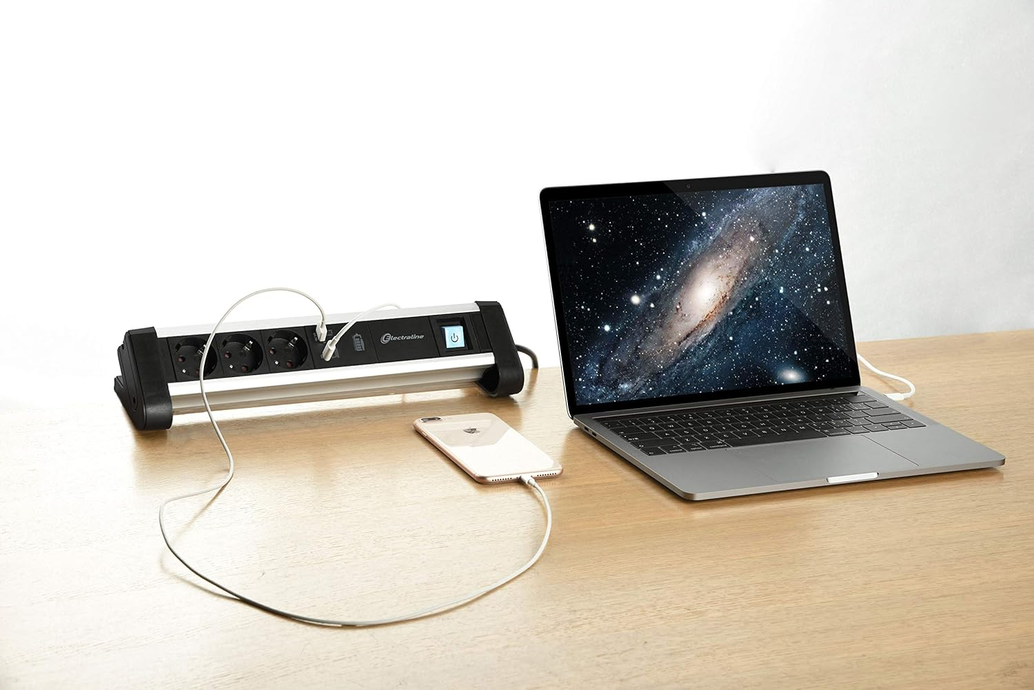 Electraline 62556 3-Way Aluminium Power Strip for Desk with 2 USB 65 W (1 Type C PD for Charging Computers + 1 USB 3A) Cable 2 M/Table Socket Power Strip/Multi-Purpose Desk image number 2