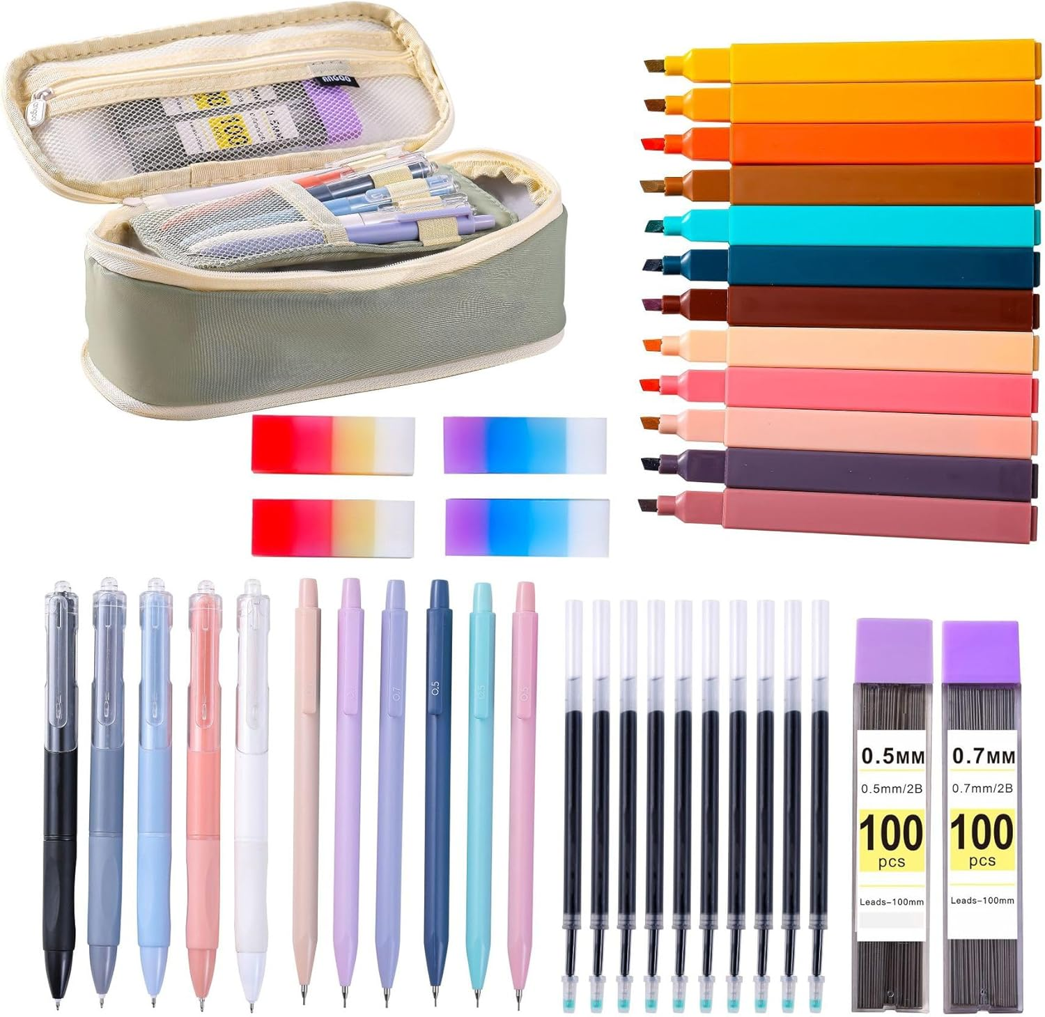 Stationery Pencil Case Combination Set, Journaling Kit, Study Tools with Highlighters, Handheld Painting Combination Set (Green)