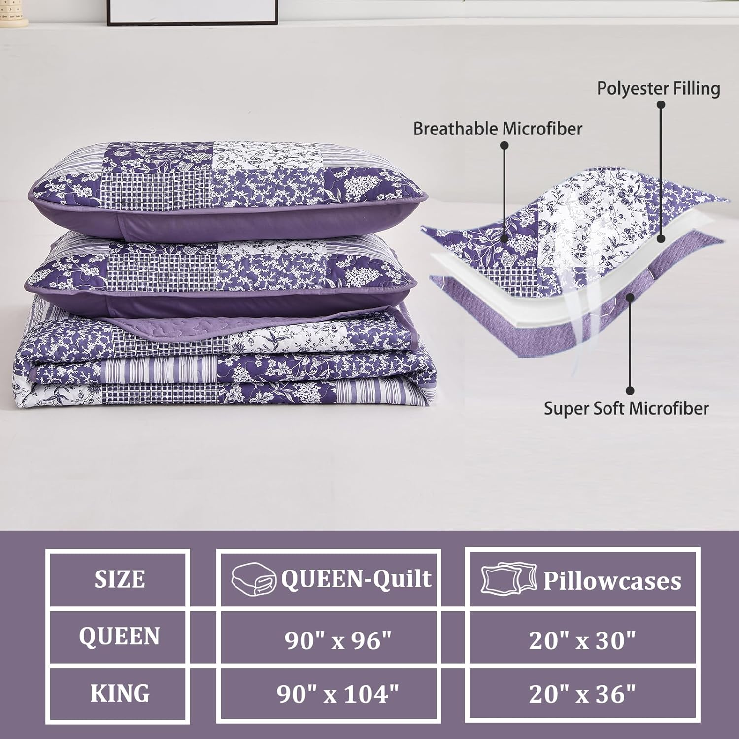 3Pcs Soft Coverlet Bedspread Set Queen King Size Patchwork Quilted Bed Floral Microfiber Lightweight Bohemian Bedding Set for All Season (Purple, Queen)
