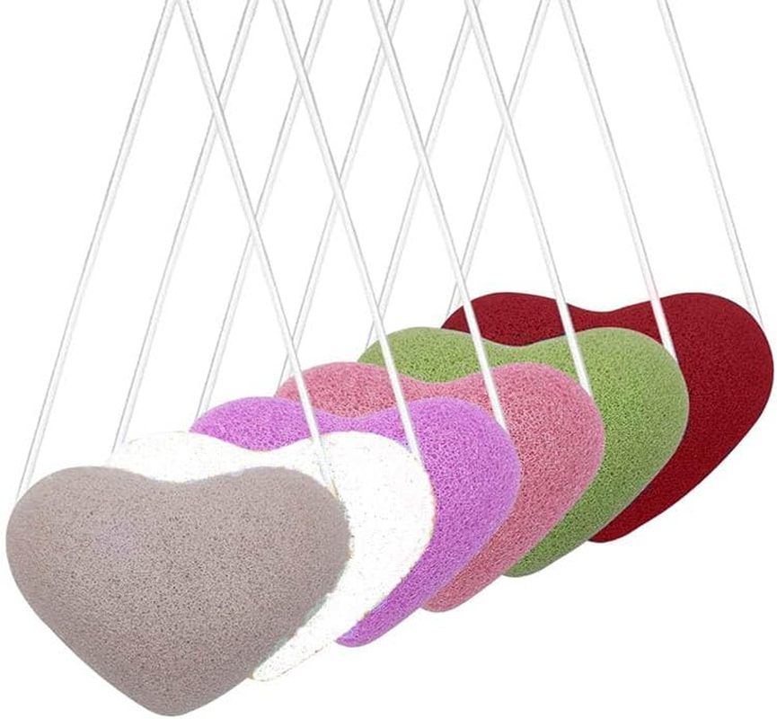 6Pcs Konjac Bath Sponge,Organic Konjac Cleansing Facial Sponges Set,Cordate Facial Sponges，Polychrome Face Sponges for Gentle Face Cleansing and Exfoliation (Heart Shaped)