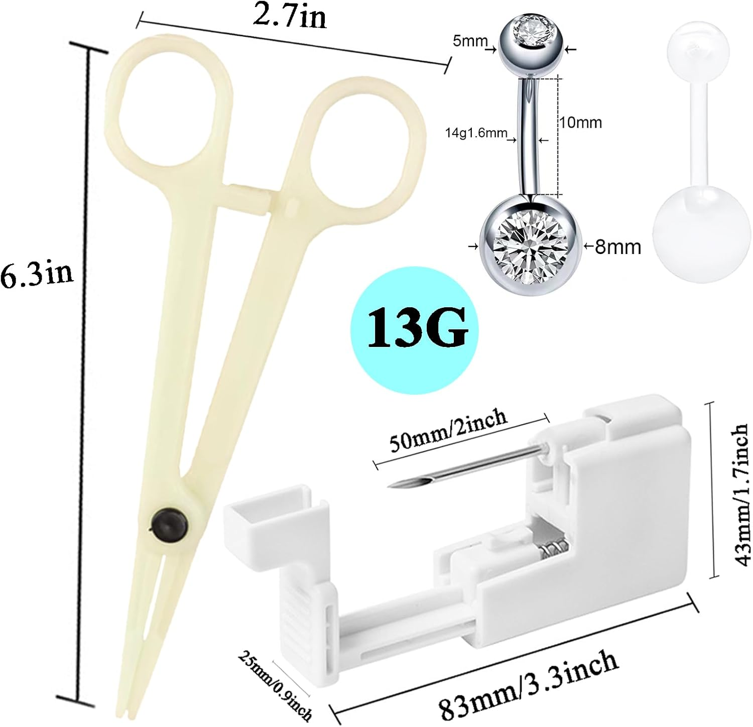 Belly Button Piercing Kit - Lip Navel Dermal Nipple Self Piercing Gun Professional Tools with Hollow Needle Studs Piercer Clamps at Home