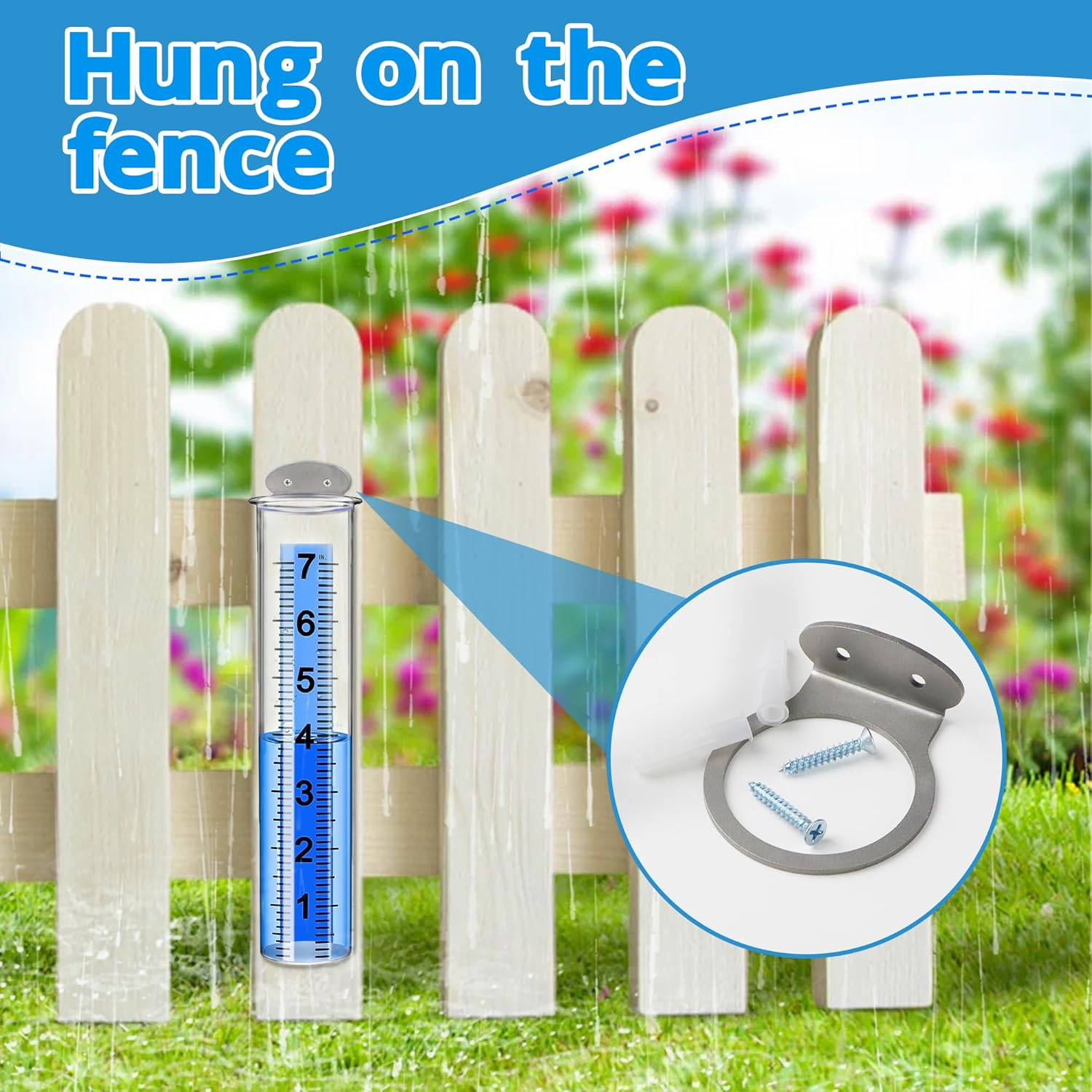 Rain Gauge Outdoor, 7" Large Capacity Rain Gauge Replacement Tube with Stainless Steel Mounting Rack Holder, Clear Numbers, Rain Gauges Outdoors Best Rated for Garden Lawn Yard Fence Patio Farm image number 2