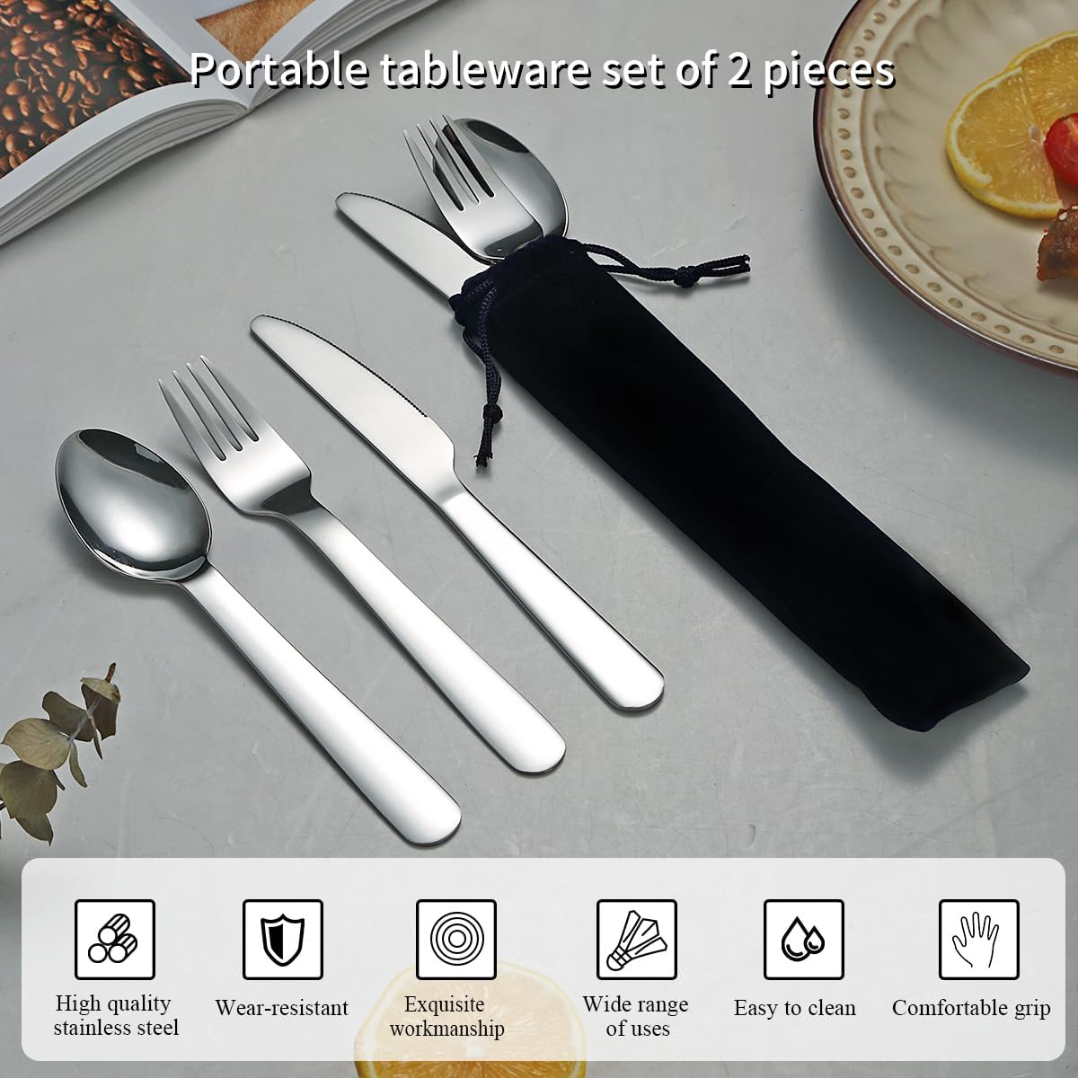 Evanda Camping Cutlery 2 Pack, Includes Knife Fork Spoon, Stainless Steel Travel Cutlery with Black Bag, for Outdoor, Picnic, Camping, Travel, Dishwasher Safe image number 1