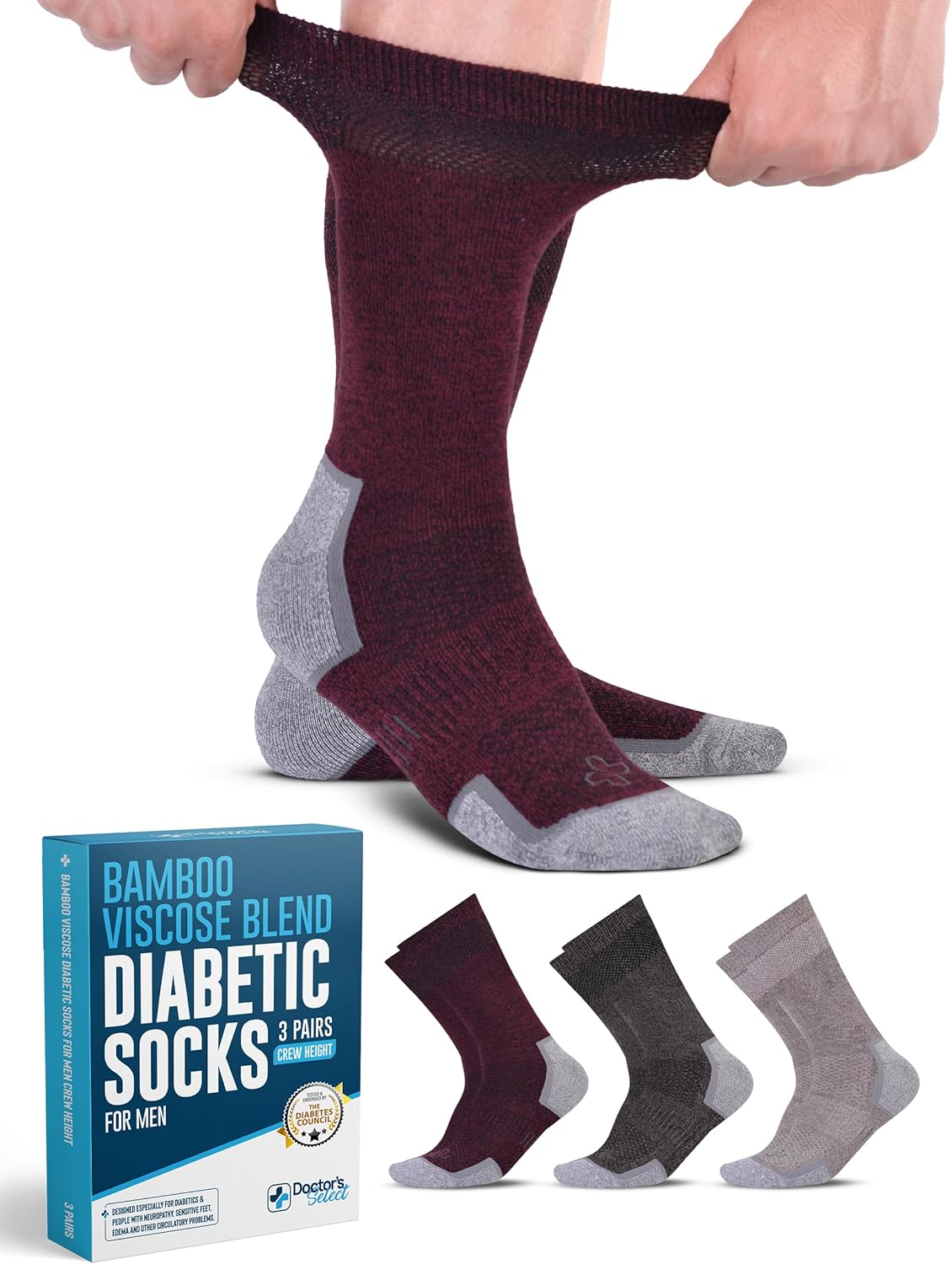 Doctor'S Select Bamboo Viscose Diabetic Socks for Men - 3 Pairs Crew Neuropathy Socks for Men | Diabetic Socks for Men 9-12