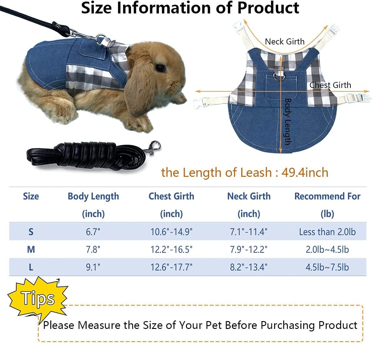 Vehomy Rabbit Harness and Leash Small Animal Clothes for Rabbit Guinea Pig, Bunny Plaid Harness Leash Guinea Pig Blue Denim Black and White Plaid Dress for Kitten Chihuahua and Other Small Animals L image number 2