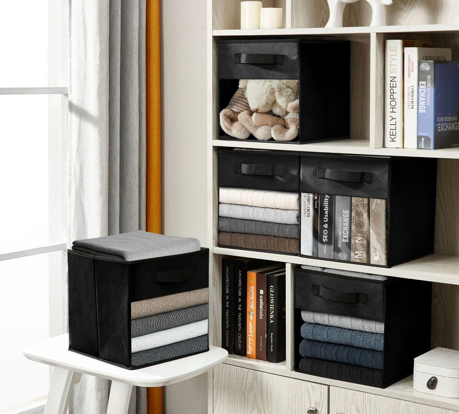 DECOMOMO Storage Bins, Cube Storage Bin with Window, Fabric Storage Cubes for Shelves (11" / 6Pcs, Black) image number 6