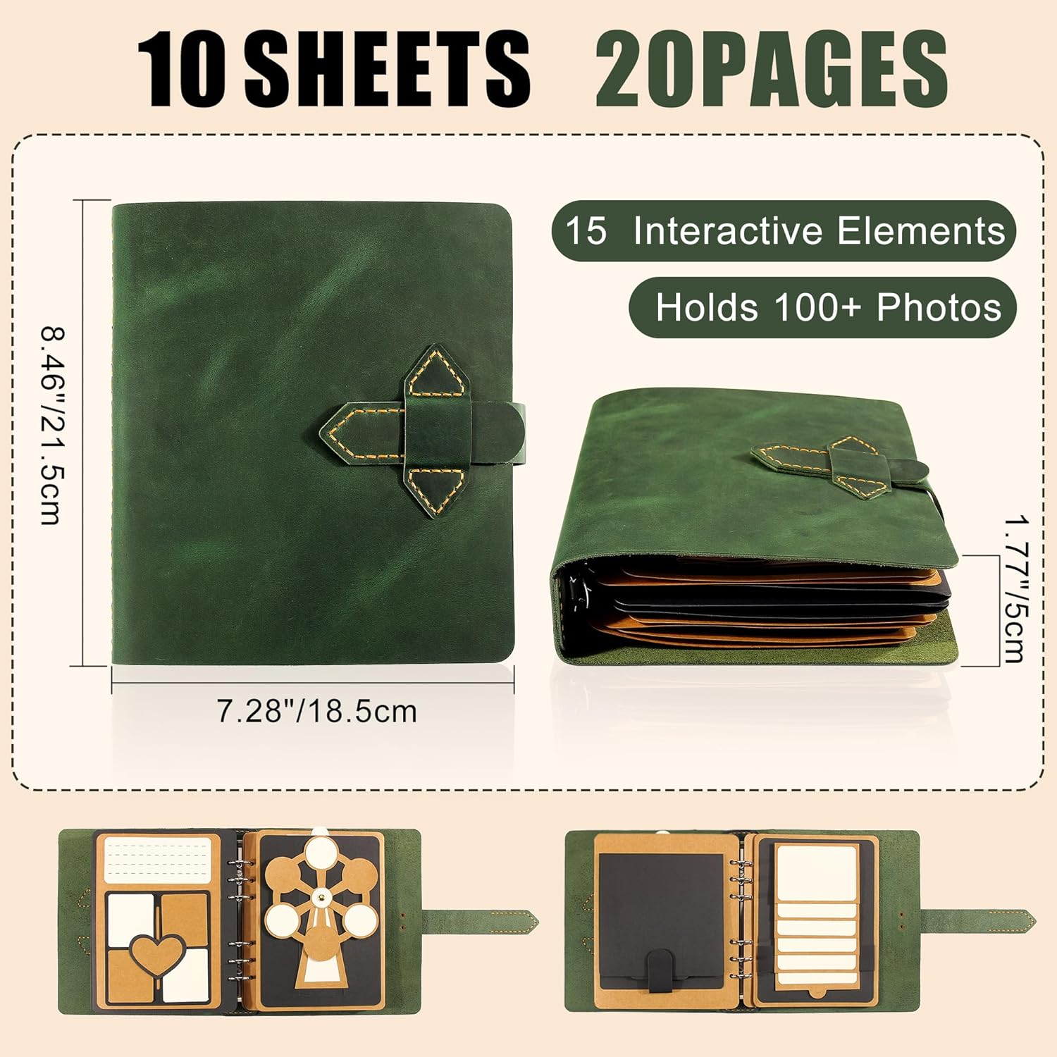 Handmade Genuine Leather Scrapbook Photo Album &ndash; DIY 3D Interactive Memory Book for Wedding, Baby, Family Photos (Travel, Anniversary, Birthday Gift)- Green image number 3