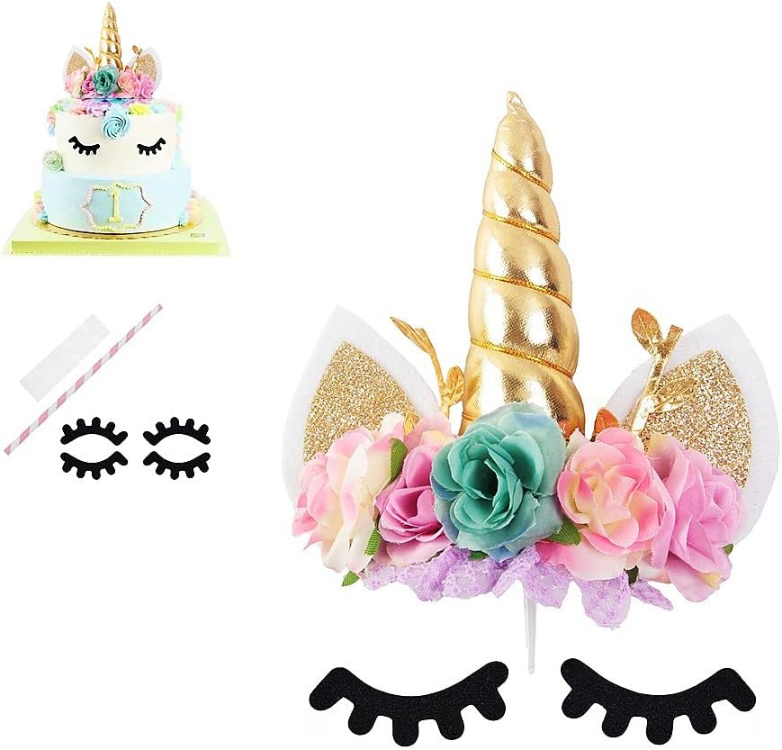 Nishine Rose Floral Unicorn Cake Topper Birthday Party Cake Decoration (Pink&Ivory)