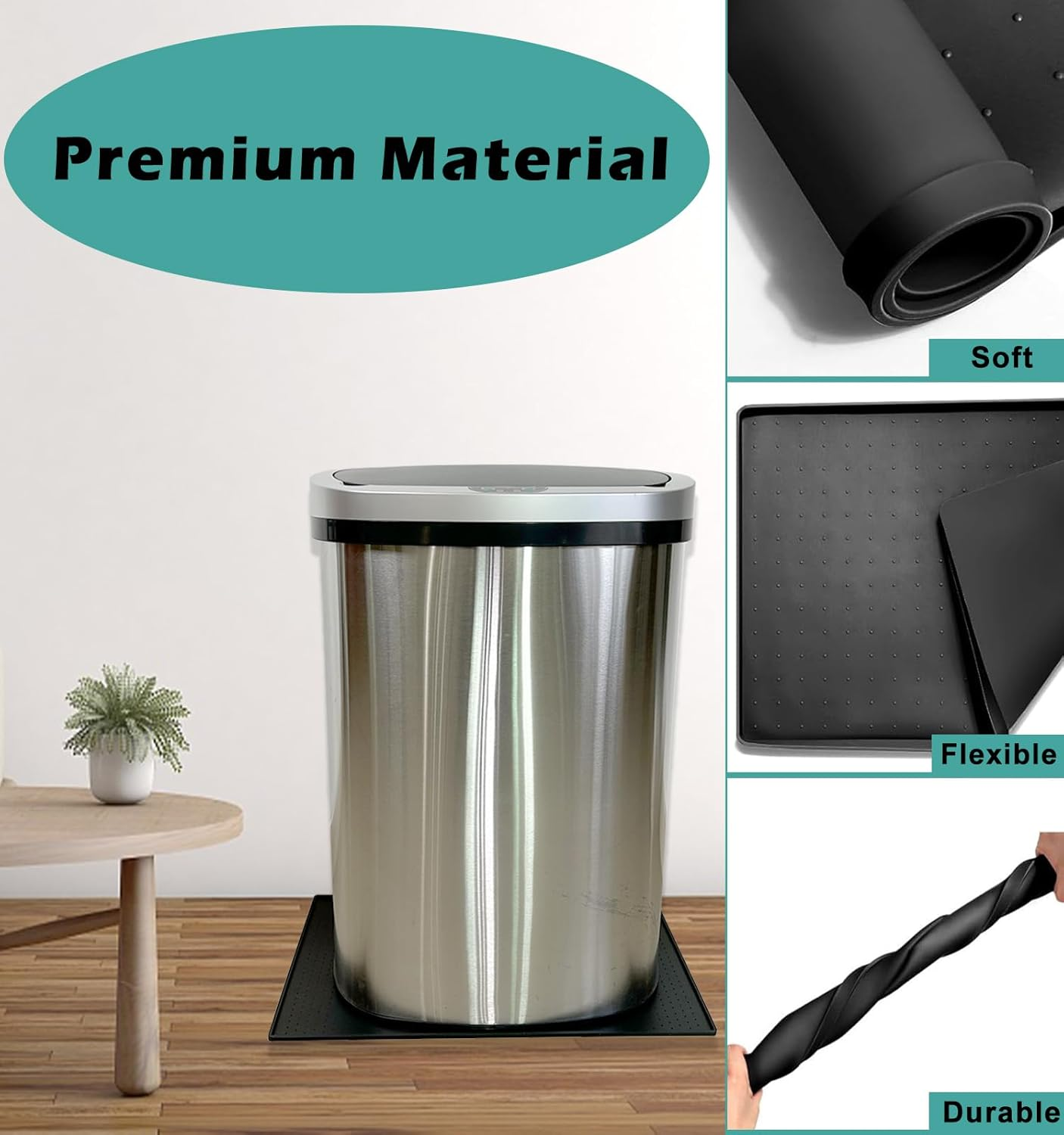 Luccov Trash Can Mat, Waterproof Raised Edge Silicone under Garbage Can Mat, 11.8" X18.9" Non-Slip Trash Can Pad for Kitchen Office Bedroom Reduce Floor Carpet Wall Scratches, Black image number 3