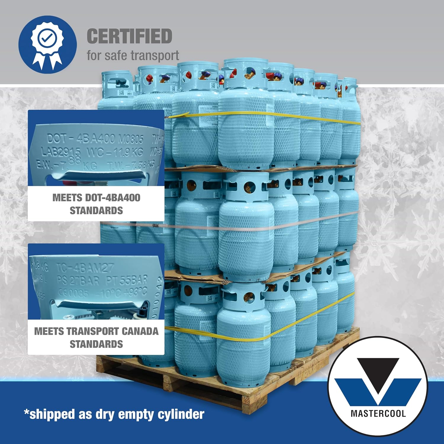 Mastercool 67010 30 Lb Refrigerant Recovery Cylinder with Float Switch, Dot-Approved, 1/2" Acme Connections, HP295 Steel, Blue (No Refrigerant Included) image number 2