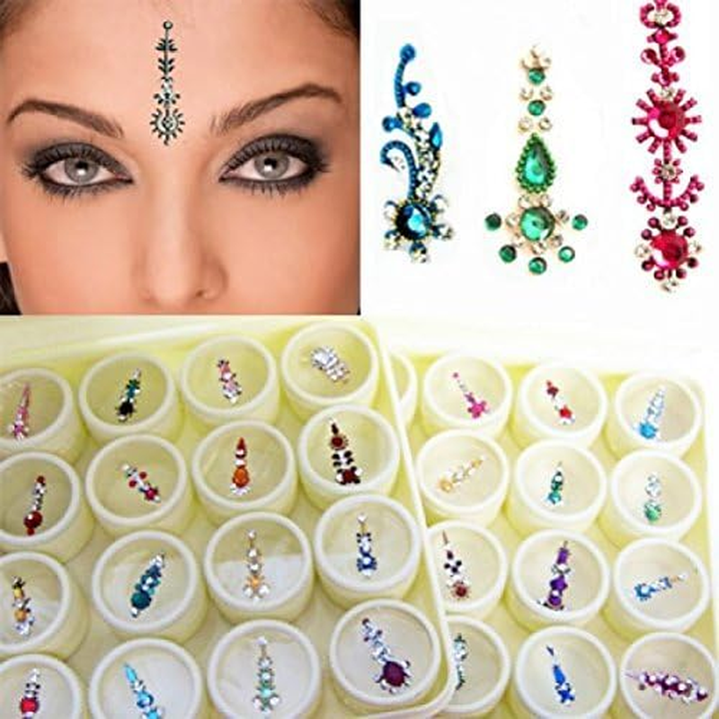 ATCUSA Multicolored Long Crystal Bindi Forehead Tika - Pack of 12 Bindis with Extra Stones image number 3