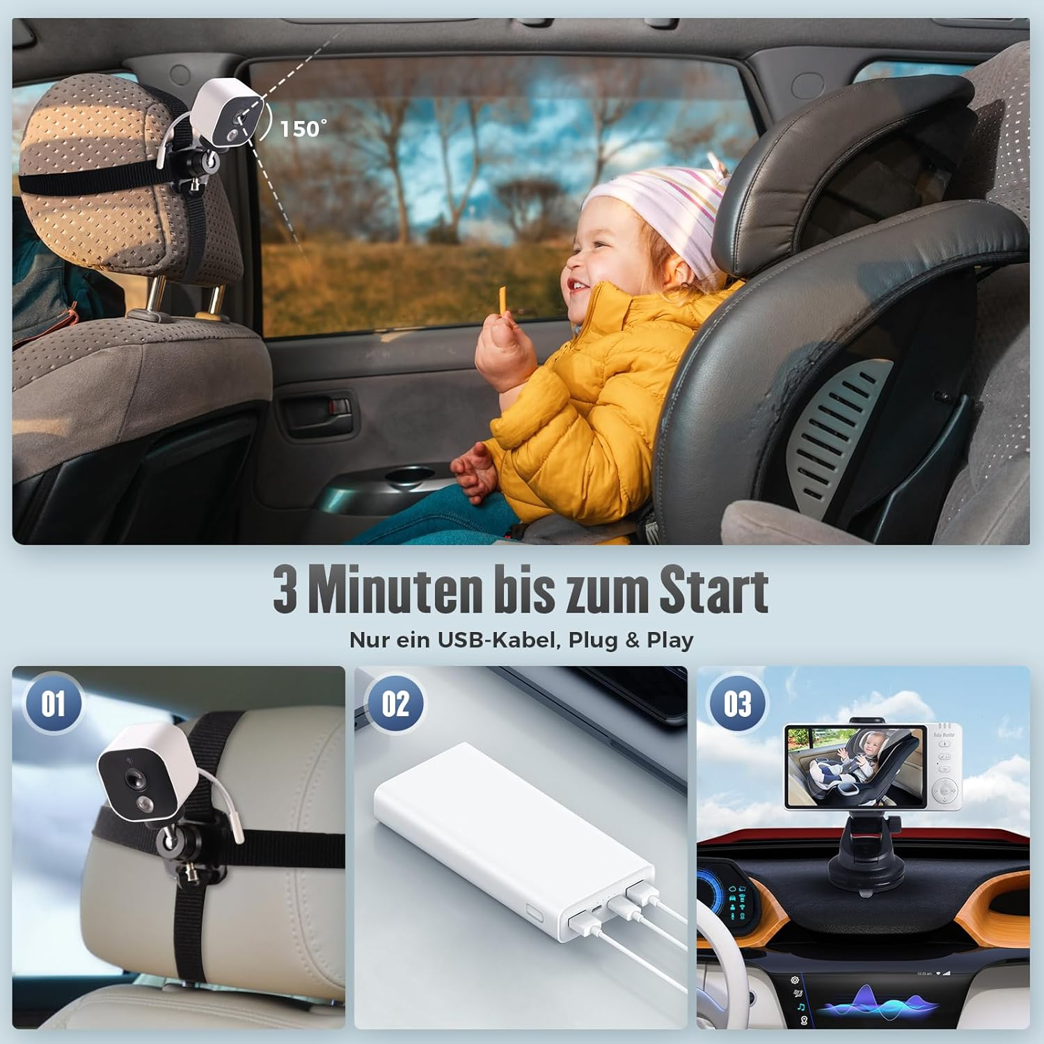 Baby Camera Car with 5 Inch Display: HD Night Vision and Wide Angle Car Mirror Baby Back Seat USB Plug & Play Easy Installation Ideal for Baby Car Seats