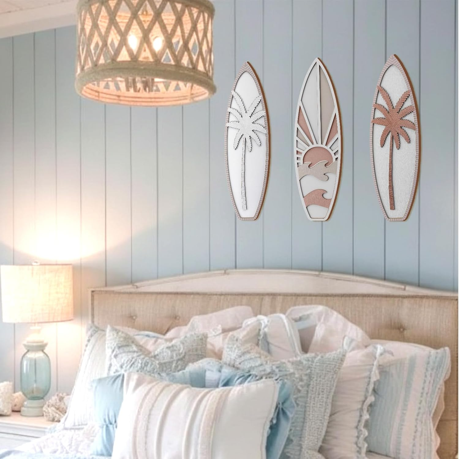 Rattanview 3 Pieces Surfboard Decor for Bedroom Wooden Beach Wall Decor Summer Wood Surfboard Wall Hanging Sign for Tropical Living Room Decoration (Coconut Tree,Boho Color)