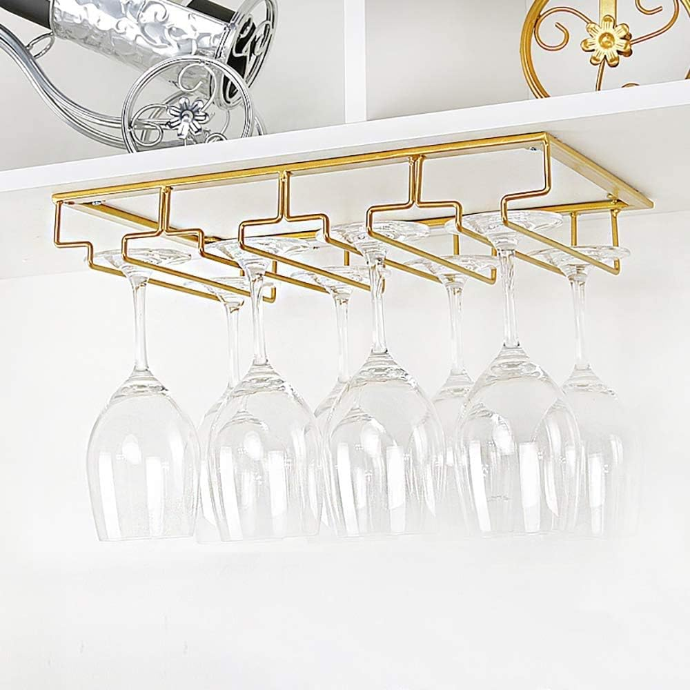 Wine Glass Rack - under Cabinet Stemware Wine Glass Holder Glasses Storage Hanger 2 Pack Metal Organizer for Bar Kitchen 4 Rows Gold image number 3