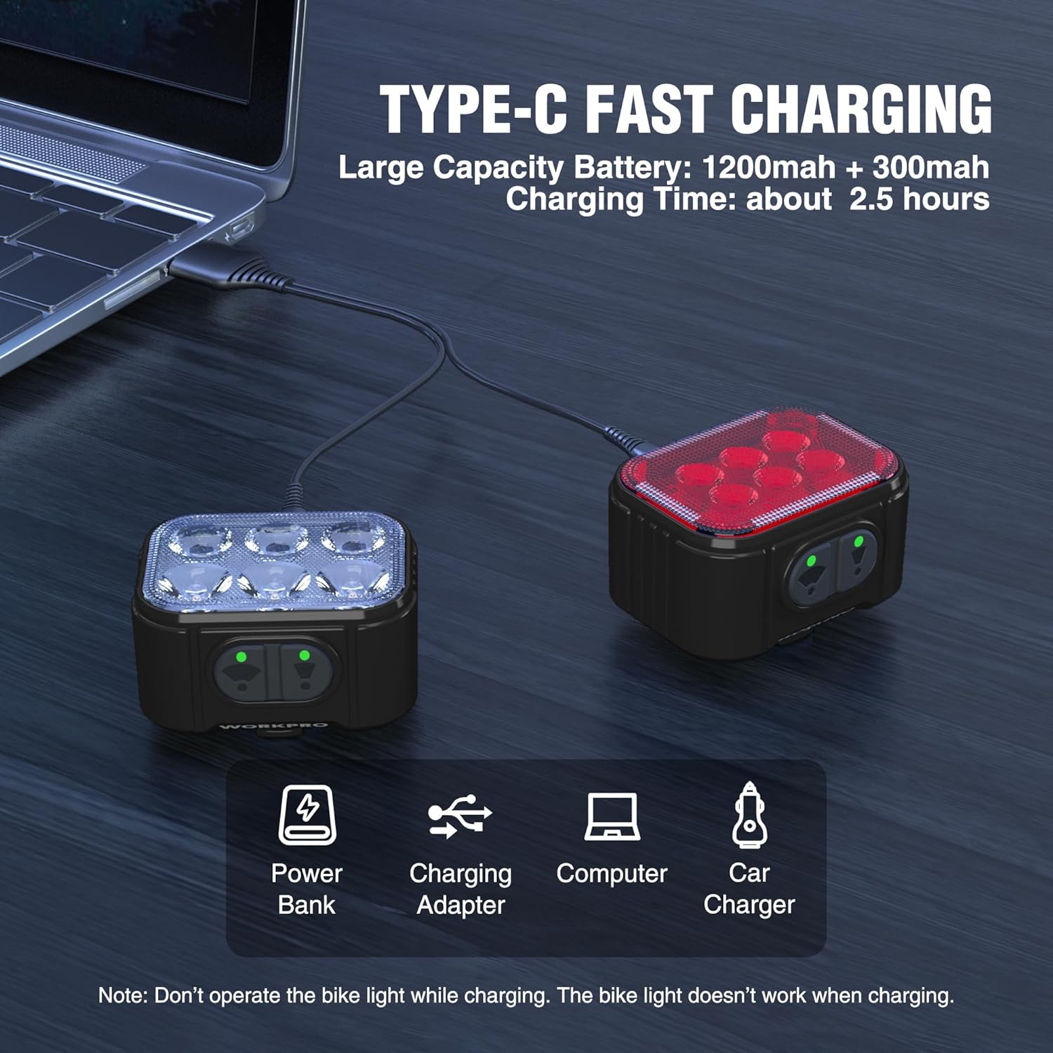 WORKPRO Bike Lights 2 Pack Set, Rechargeable Bicycle Light Set Ultra Bright, IP65 Waterproof Bike Lights for Night Riding, 1200Mah Bike Headlight and Tail Light Reflectors image number 2