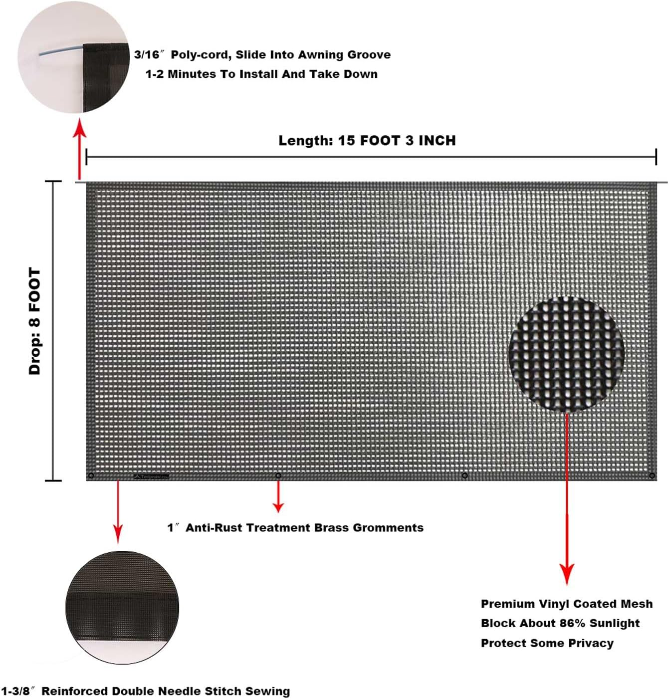 Tentproinc RV Awning Sun Shade 8'X15'3'' Black Mesh Screen Sunshade UV Blocker Complete Kits image number 3