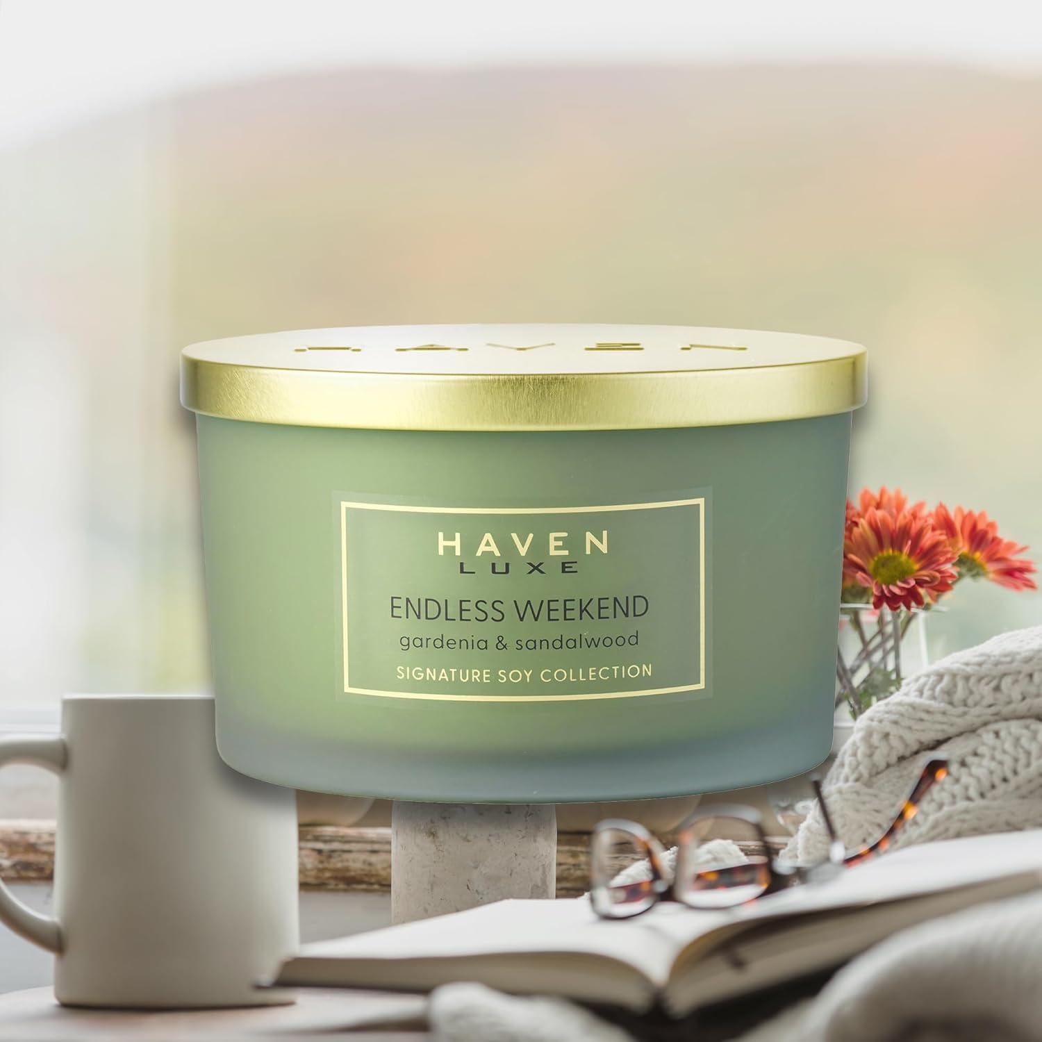 Haven Gardenia & Sandalwood Scented Candle in Frosted Glass Jar with Gold Lid &ndash; Smooth-Burning Soy Wax Blend and Long-Lasting Aromatherapy Candle with Floral Scent for Home Decor &ndash; Ideal Gift Option image number 5