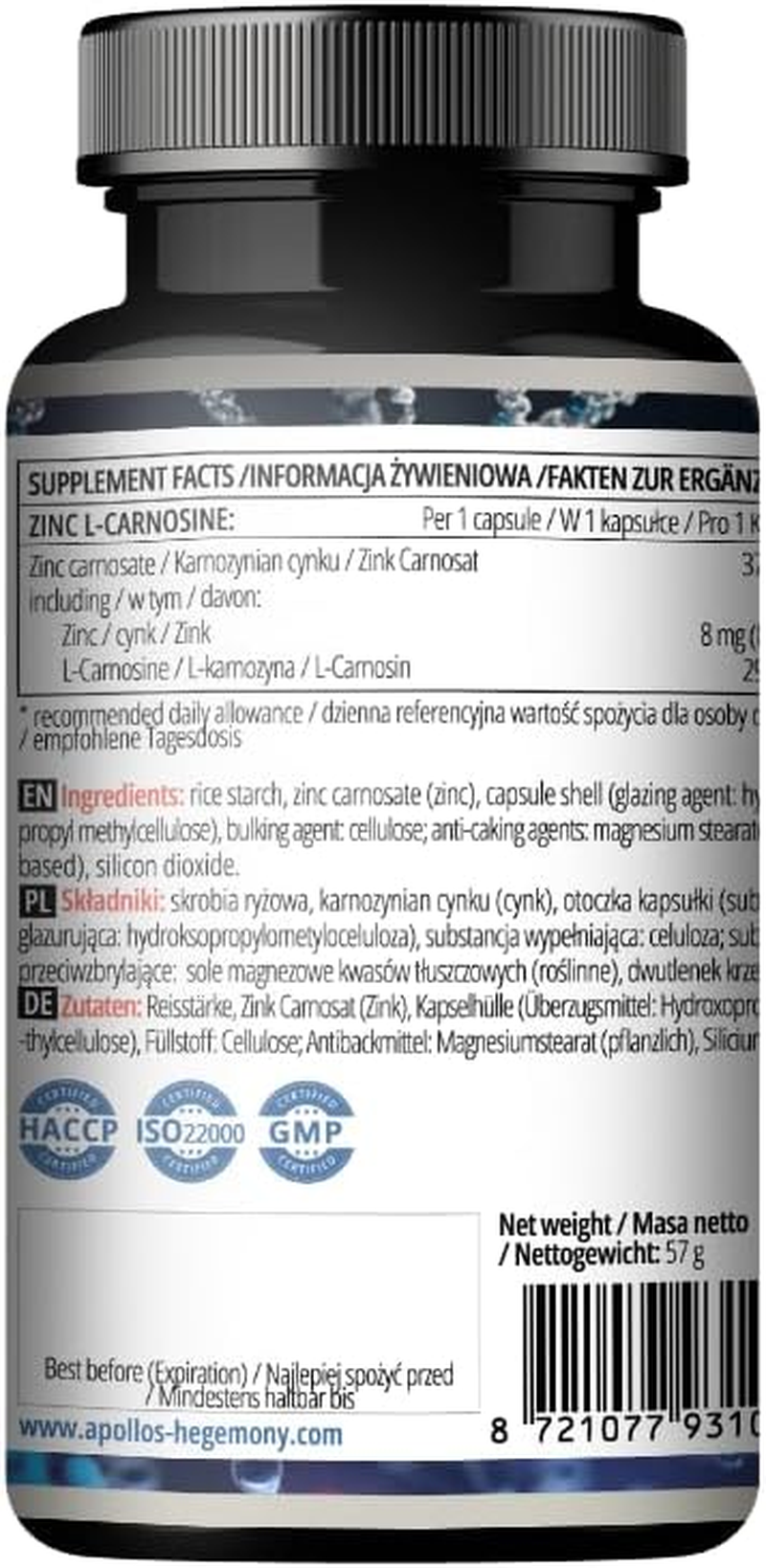 Zinc L-Carnosine 37.5 Mg per Capsule - 90 Vegan Capsules - 3 Months Supply - for Skin, Hair & Nail Health - Supplement by Apollo'S Hegemony image number 4